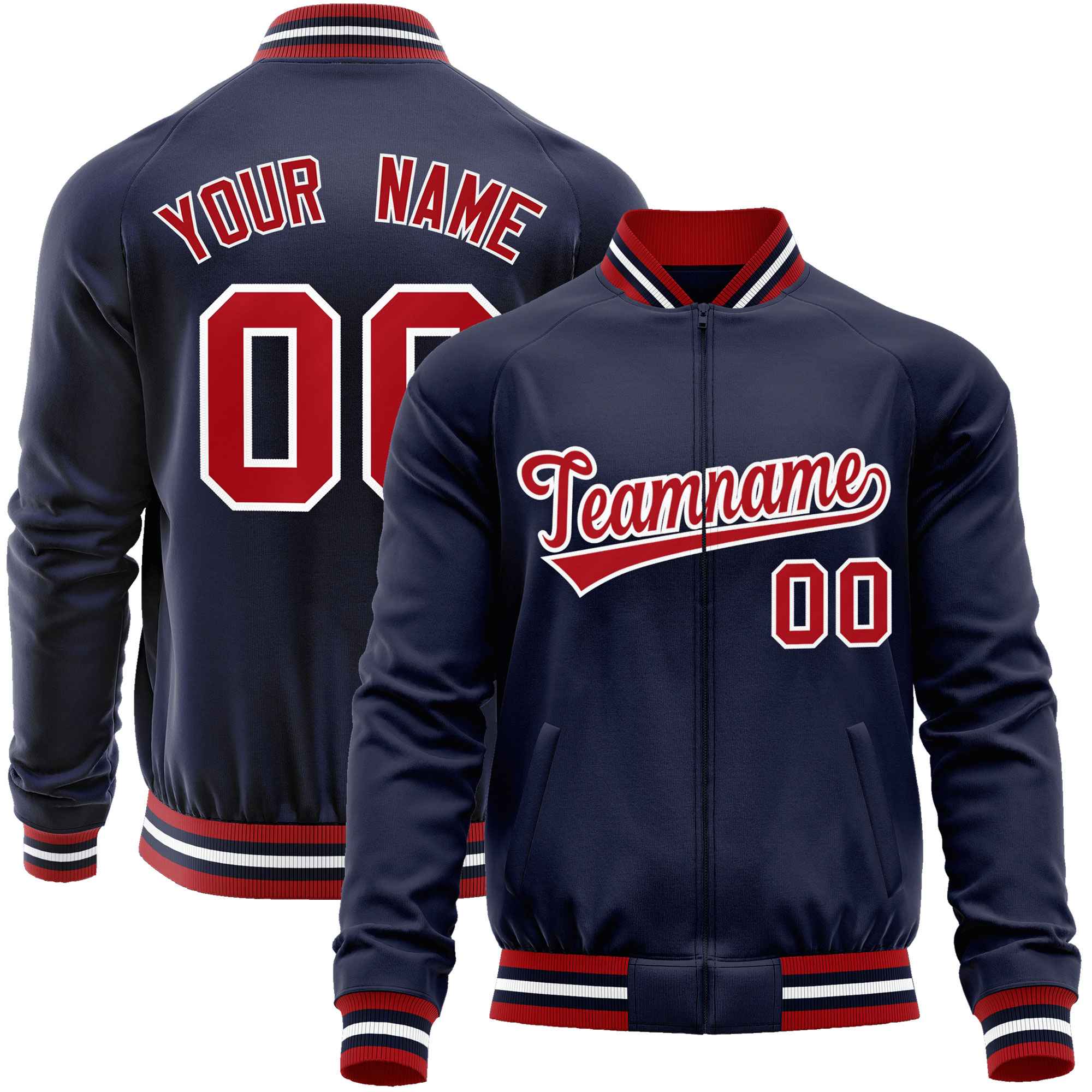 Custom Navy Red Classic Style Varsity Full-Zip Letterman Baseball Jacket