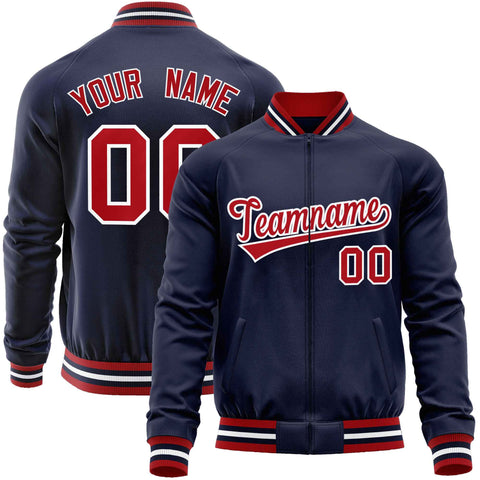 Custom Navy Red Classic Style Varsity Full-Zip Letterman Baseball Jacket