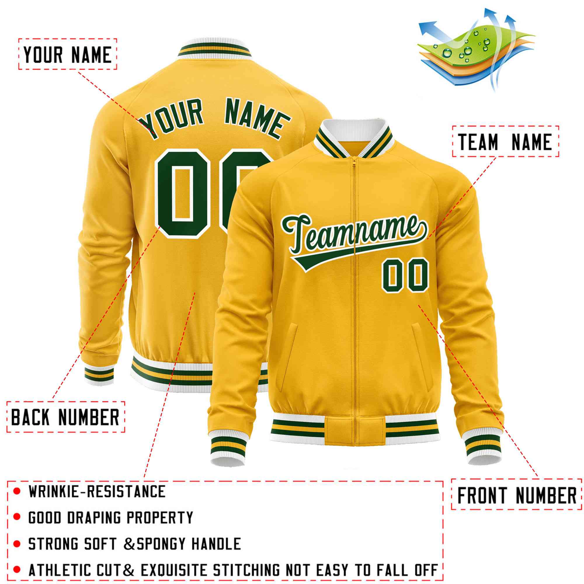 Custom Gold Green Classic Style Varsity Full-Zip Letterman Baseball Jacket