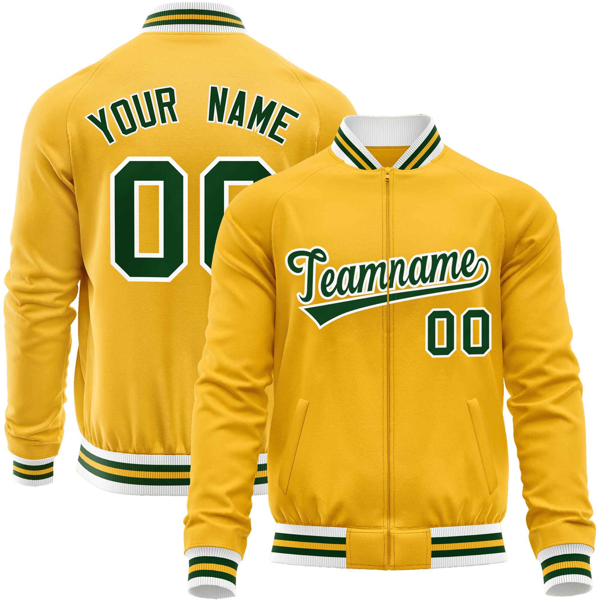 Custom Gold Green Classic Style Varsity Full-Zip Letterman Baseball Jacket