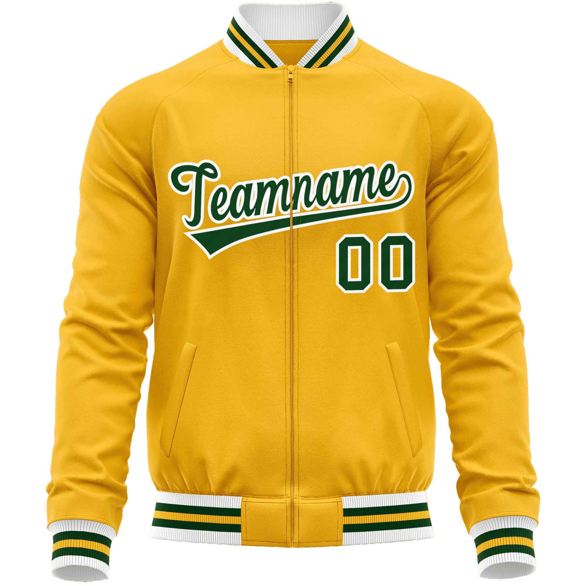 Custom Gold Green Classic Style Varsity Full-Zip Letterman Baseball Jacket