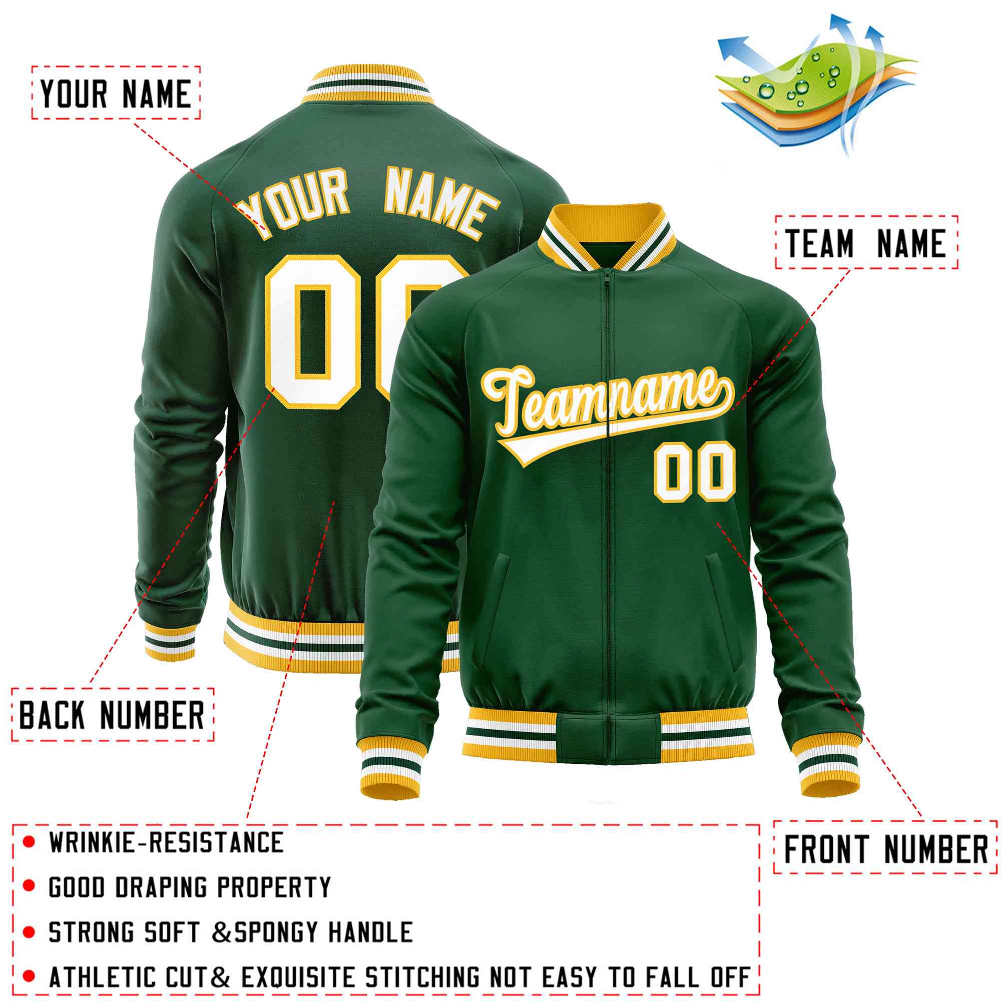 Custom Green White Classic Style Varsity Full-Zip Letterman Baseball Jacket