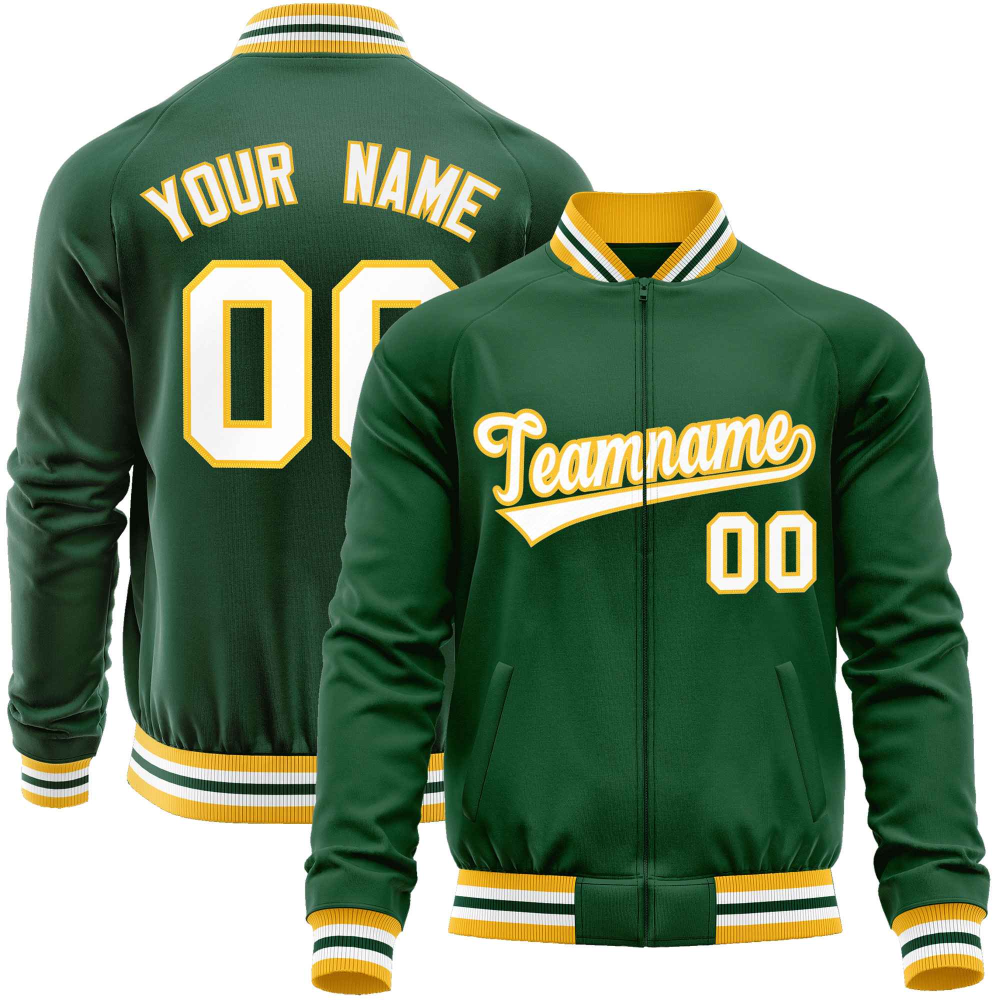 Custom Green White Classic Style Varsity Full-Zip Letterman Baseball Jacket