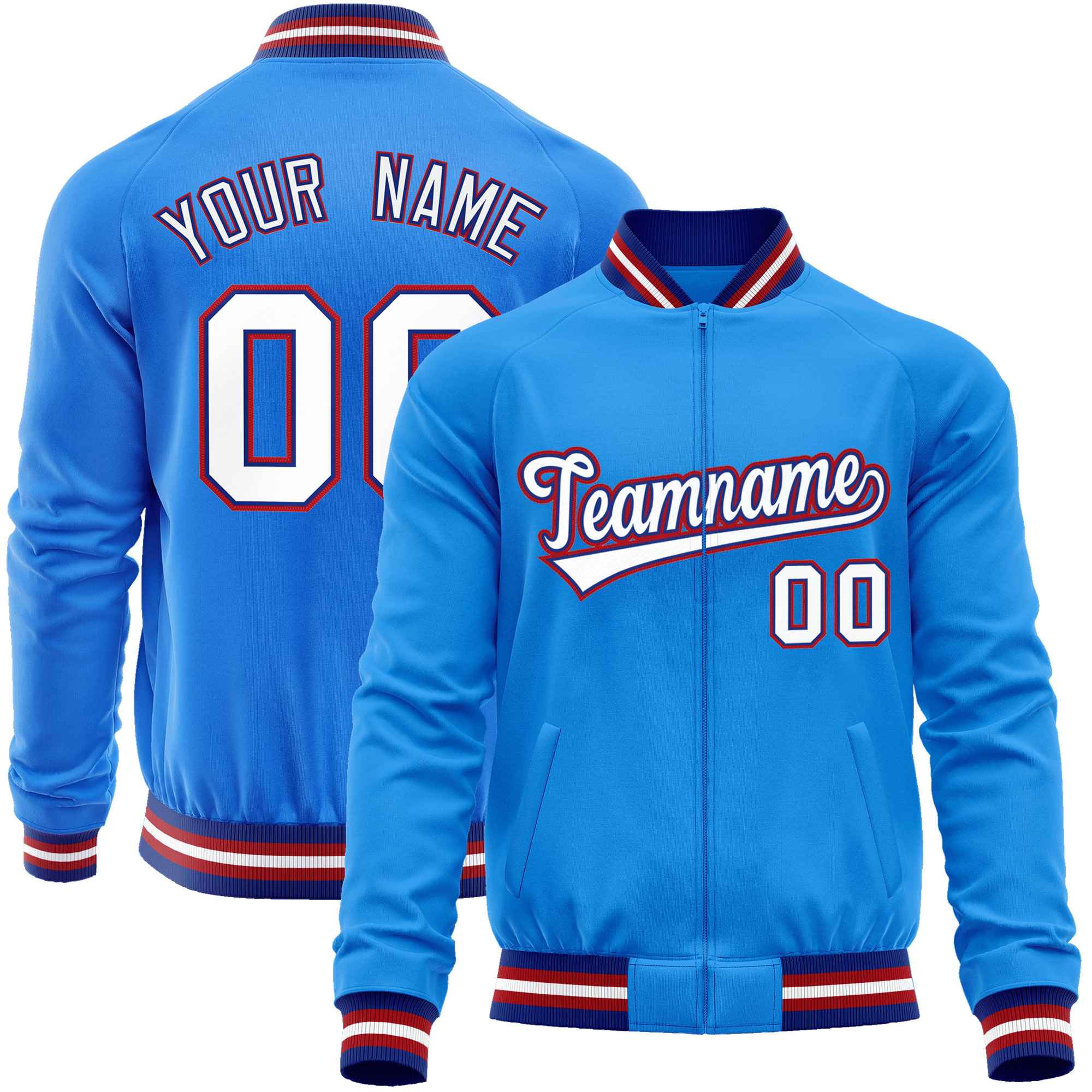 Custom Powder Blue White Classic Style Varsity Full-Zip Letterman Baseball Jacket