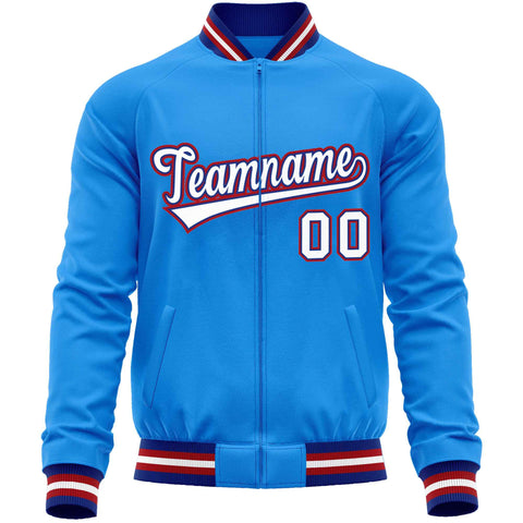 Custom Powder Blue White Classic Style Varsity Full-Zip Letterman Baseball Jacket