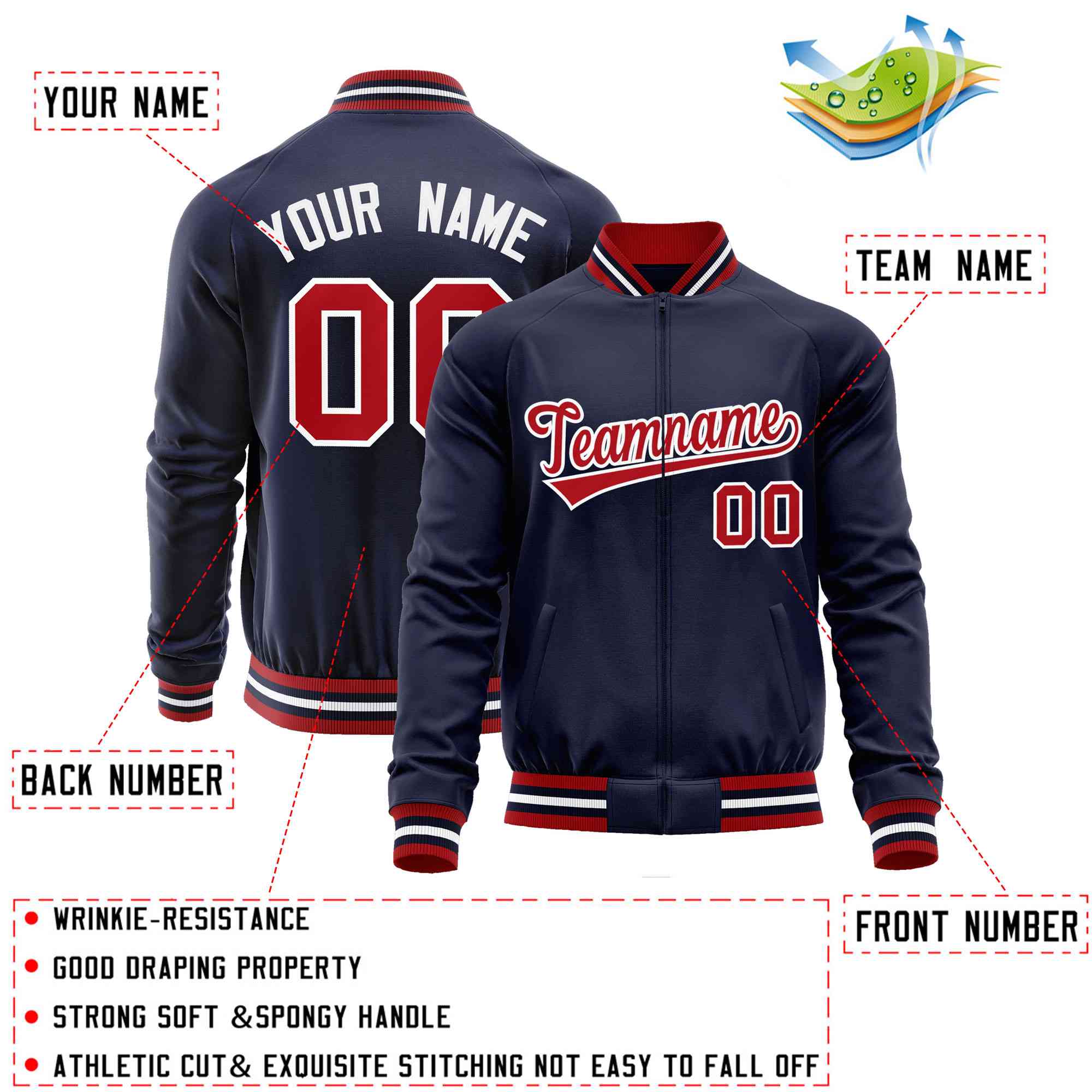 Custom Navy Red Classic Style Varsity Full-Zip Letterman Baseball Jacket