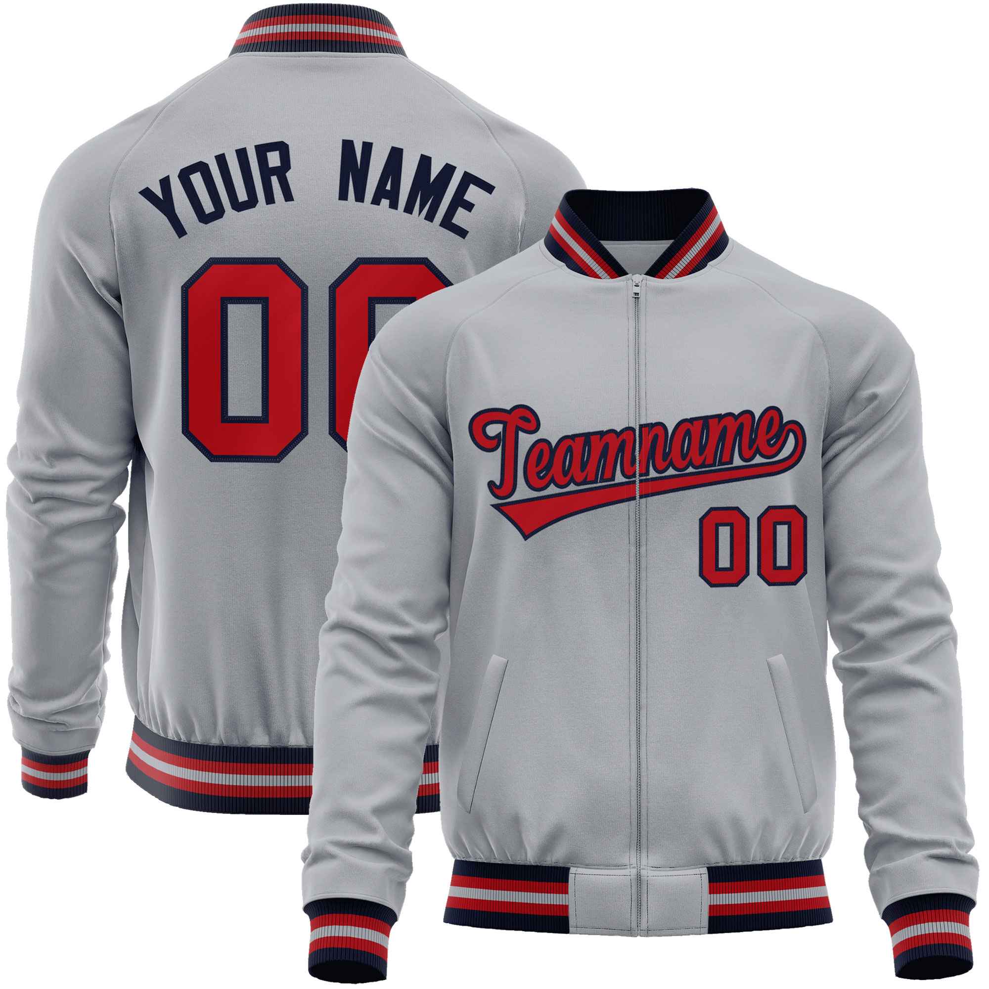 Custom Gray Red Classic Style Varsity Full-Zip Letterman Baseball Jacket