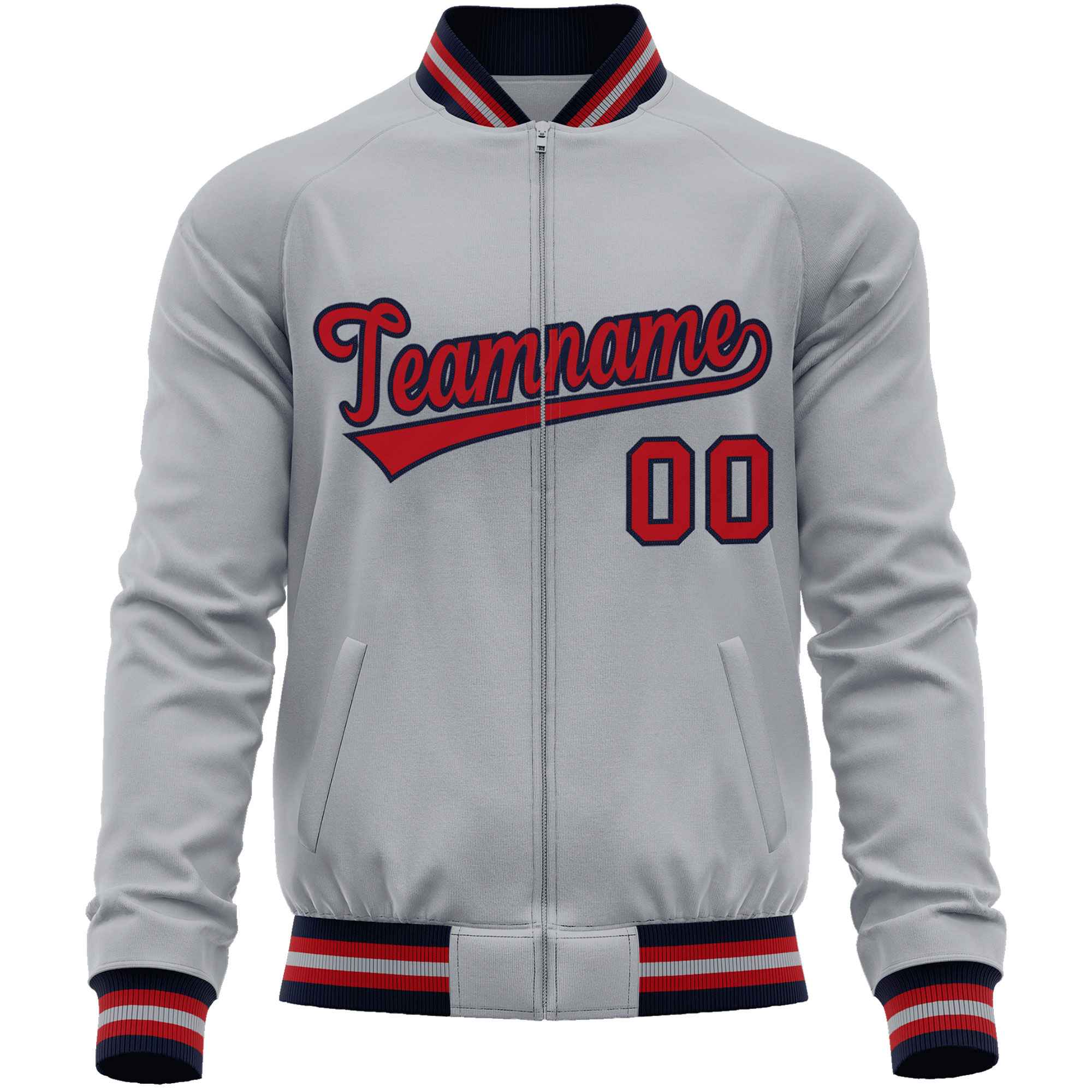 Custom Gray Red Classic Style Varsity Full-Zip Letterman Baseball Jacket