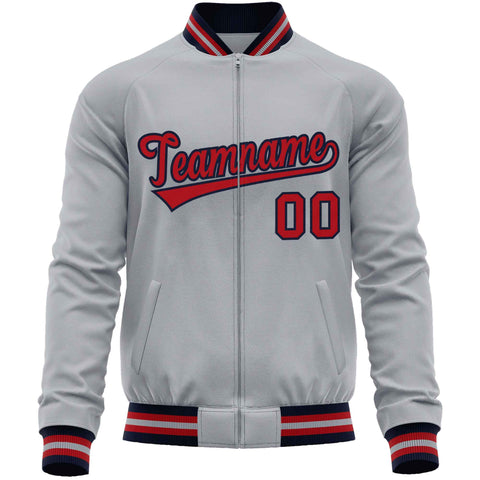 Custom Gray Red Classic Style Varsity Full-Zip Letterman Baseball Jacket