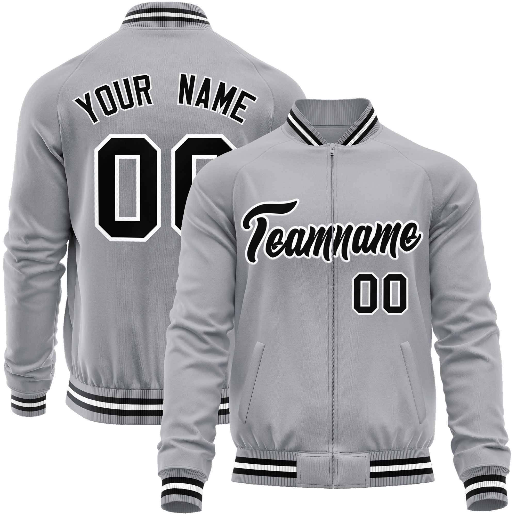 Custom Gray Black Classic Style Varsity Full-Zip Letterman Baseball Jacket