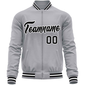 Custom Gray Black Classic Style Varsity Full-Zip Letterman Baseball Jacket