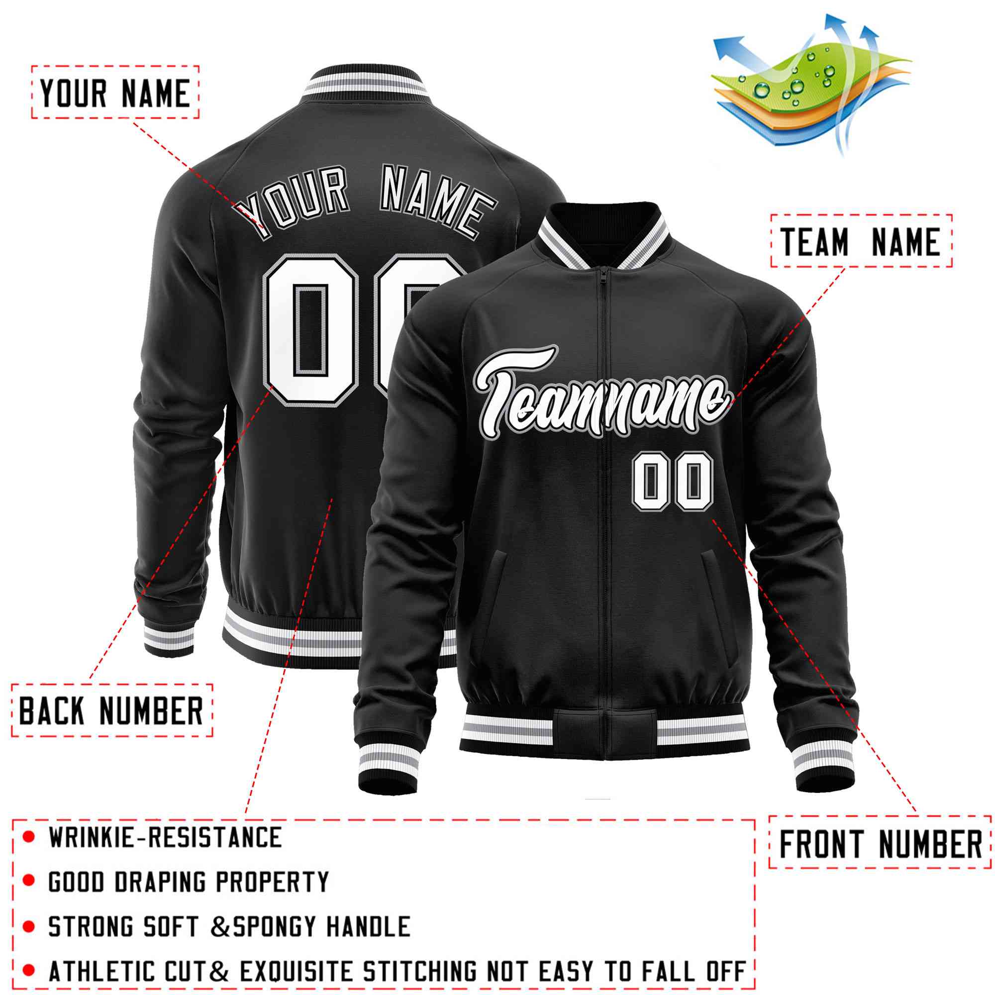 Custom Black White Classic Style Varsity Full-Zip Letterman Baseball Jacket