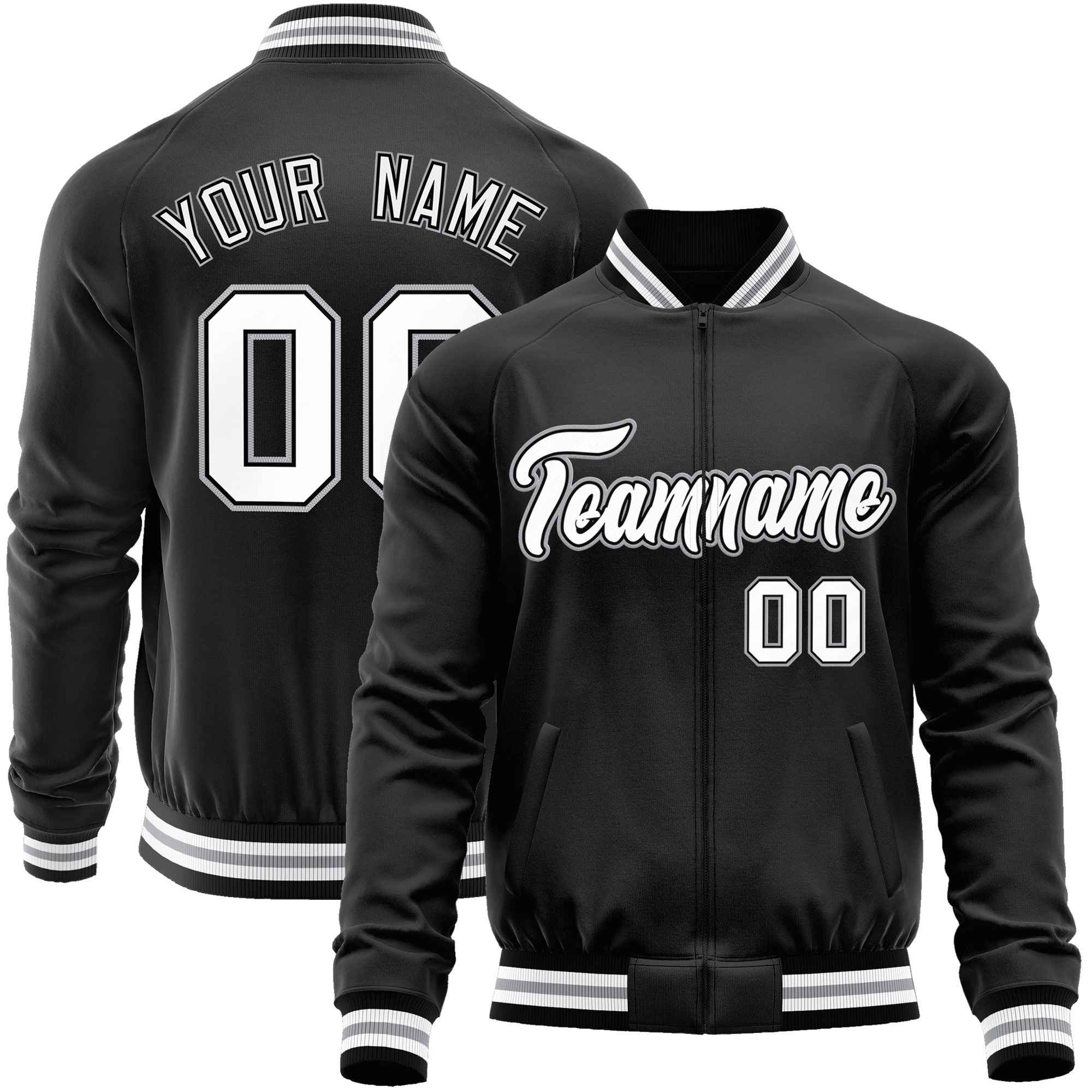 Custom Black White Classic Style Varsity Full-Zip Letterman Baseball Jacket