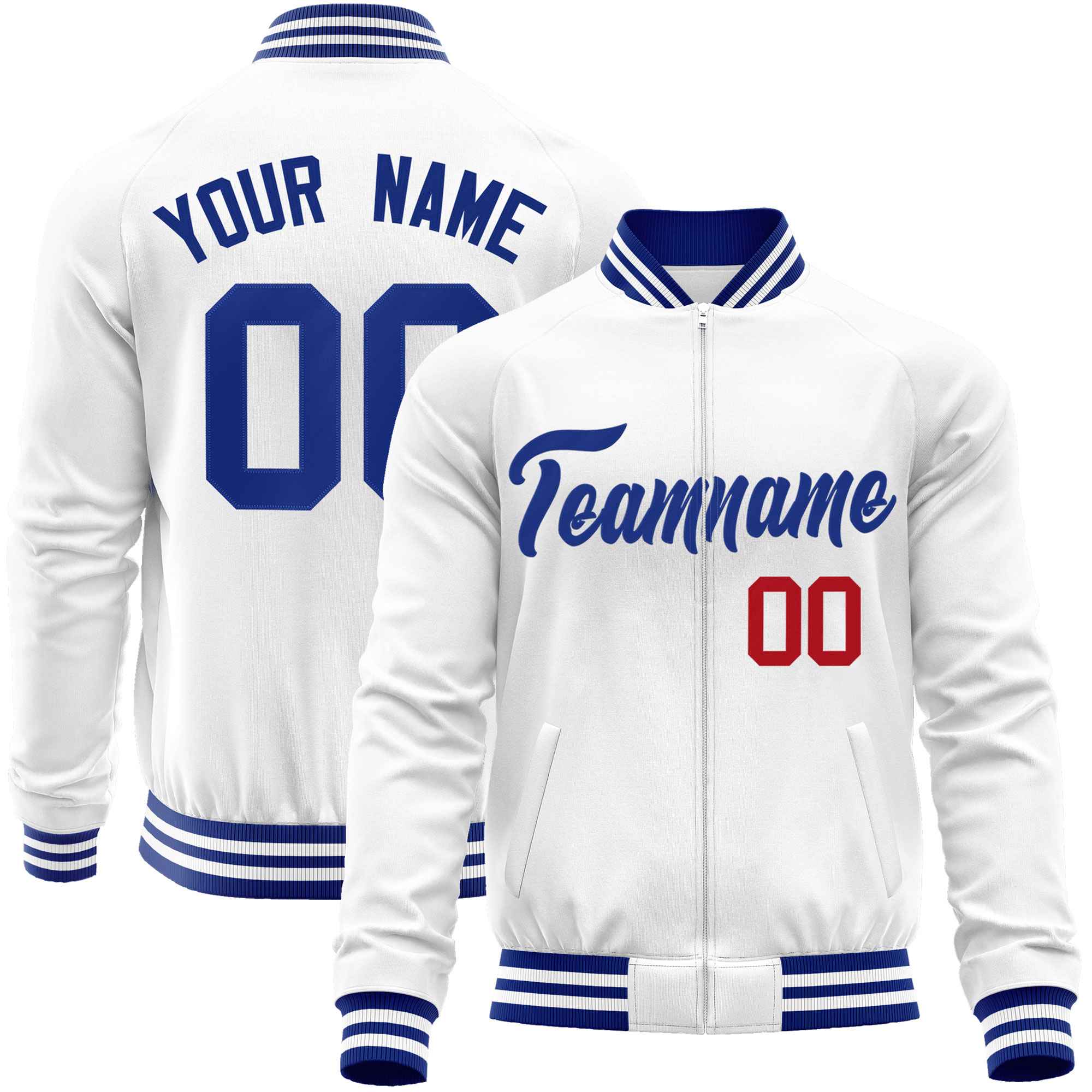 Custom White Royal Classic Style Varsity Full-Zip Letterman Baseball Jacket