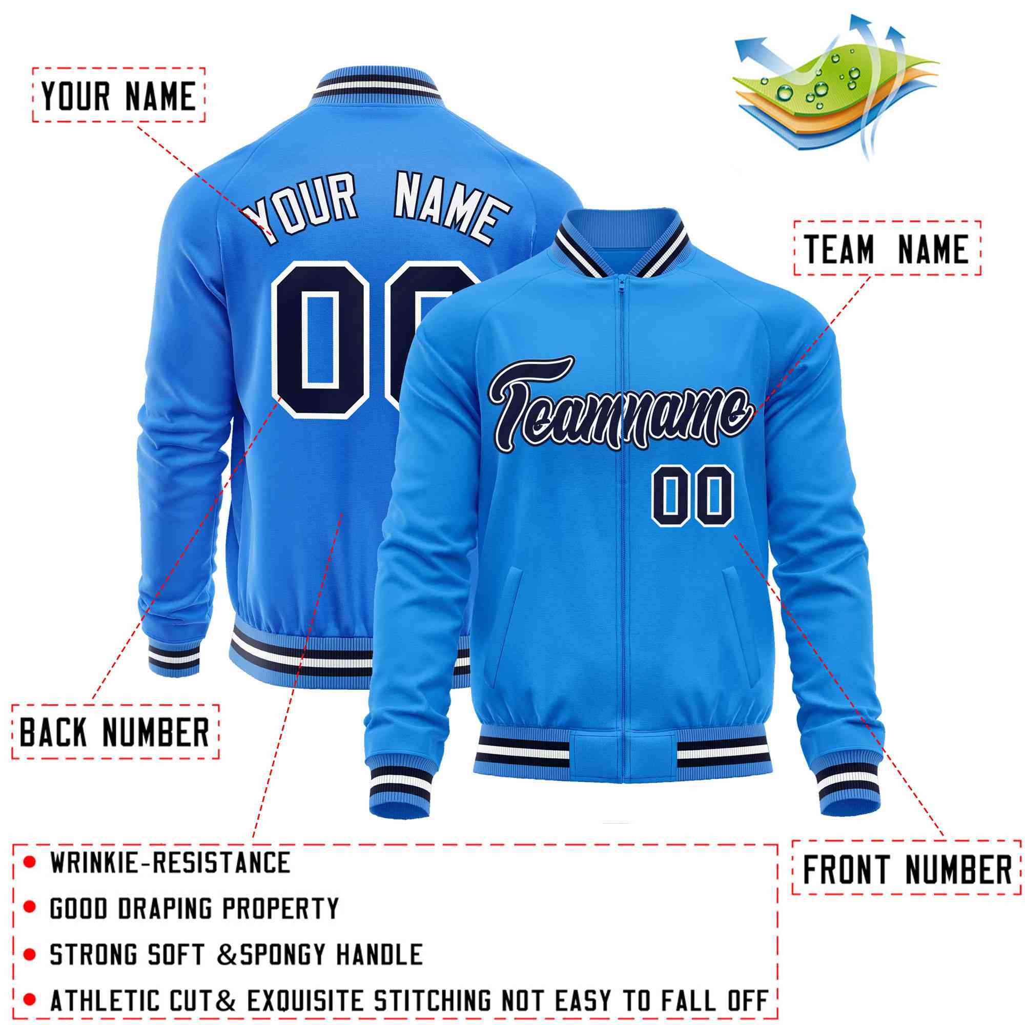 Custom Powder Blue Navy Classic Style Varsity Full-Zip Letterman Baseball Jacket