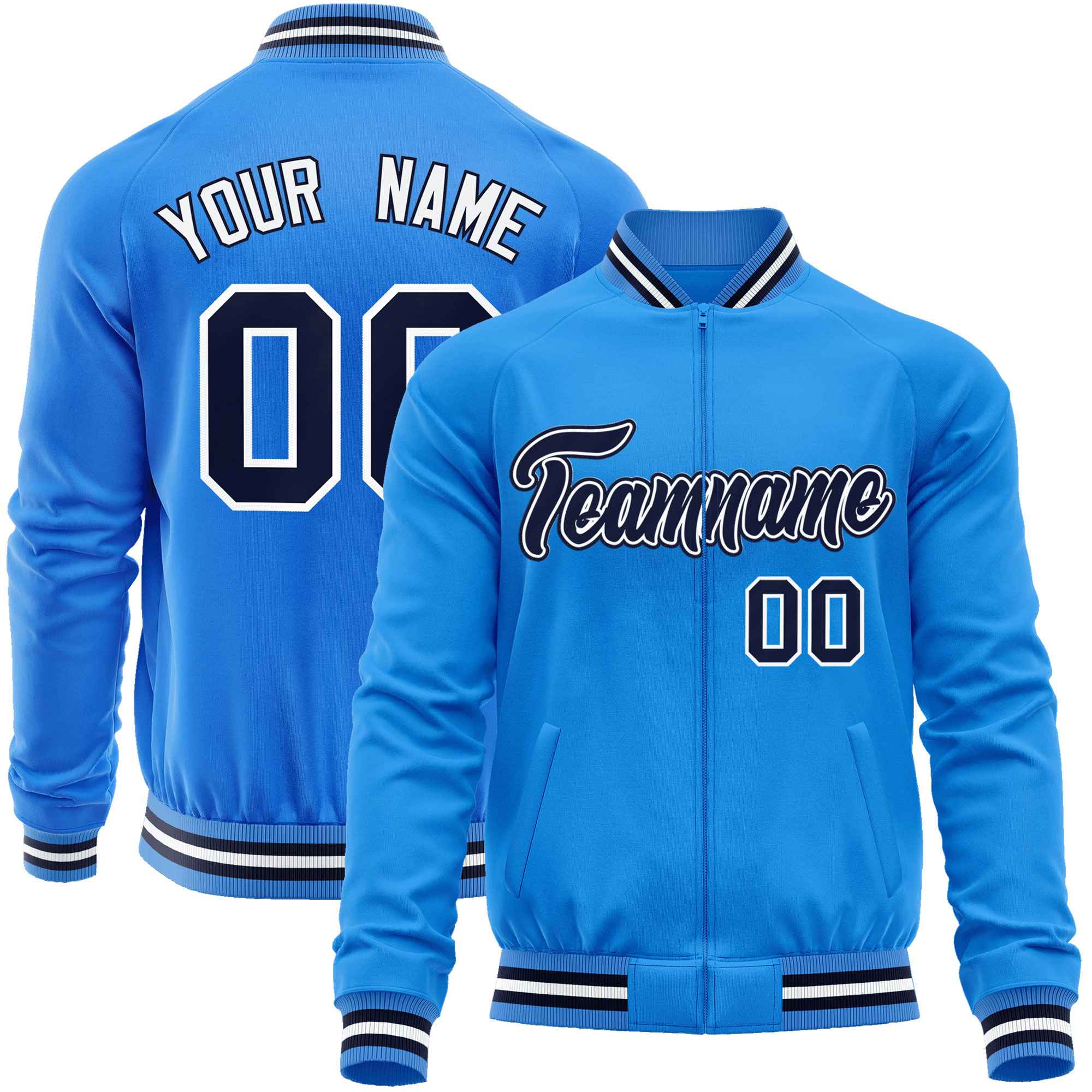 Custom Powder Blue Navy Classic Style Varsity Full-Zip Letterman Baseball Jacket