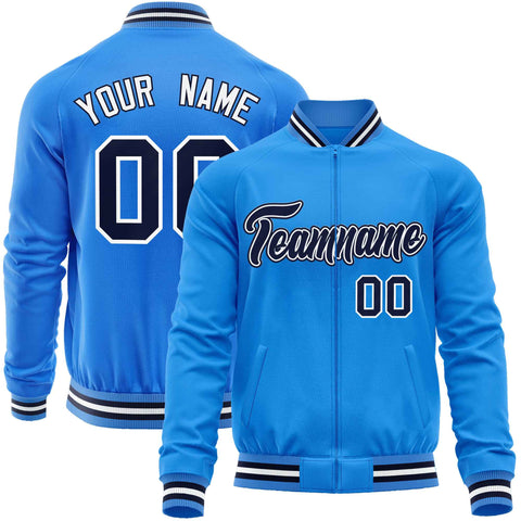 Custom Powder Blue Navy Classic Style Varsity Full-Zip Letterman Baseball Jacket