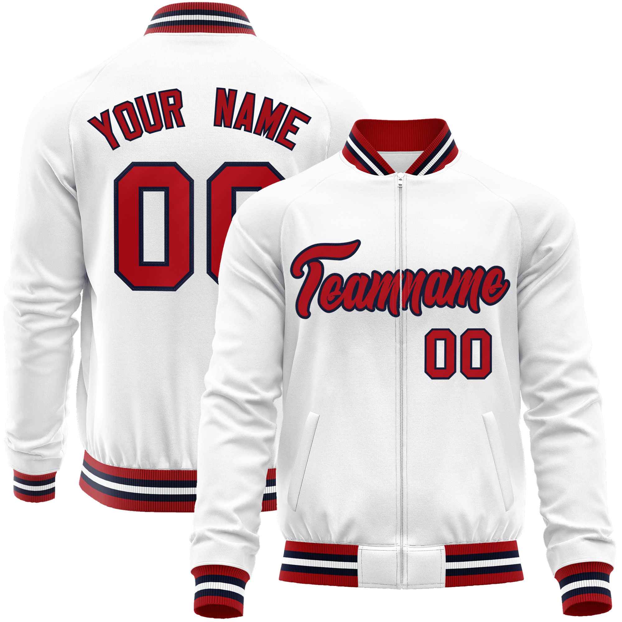 Custom White Red Classic Style Varsity Full-Zip Letterman Baseball Jacket