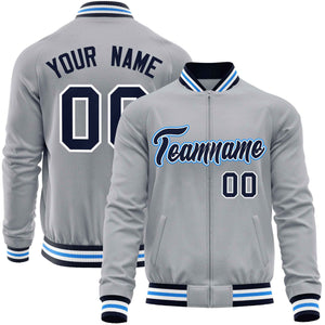 Custom Gray Navy Classic Style Varsity Full-Zip Letterman Baseball Jacket