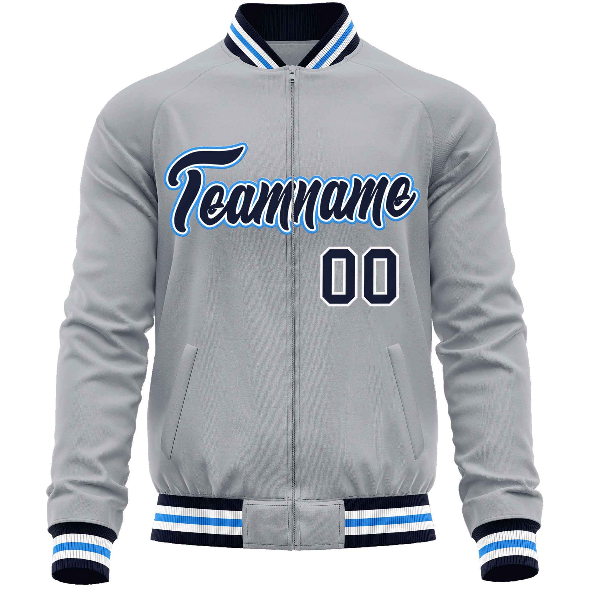 Custom Gray Navy Classic Style Varsity Full-Zip Letterman Baseball Jacket