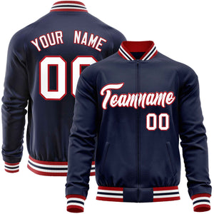 Custom Navy White Classic Style Varsity Full-Zip Letterman Baseball Jacket