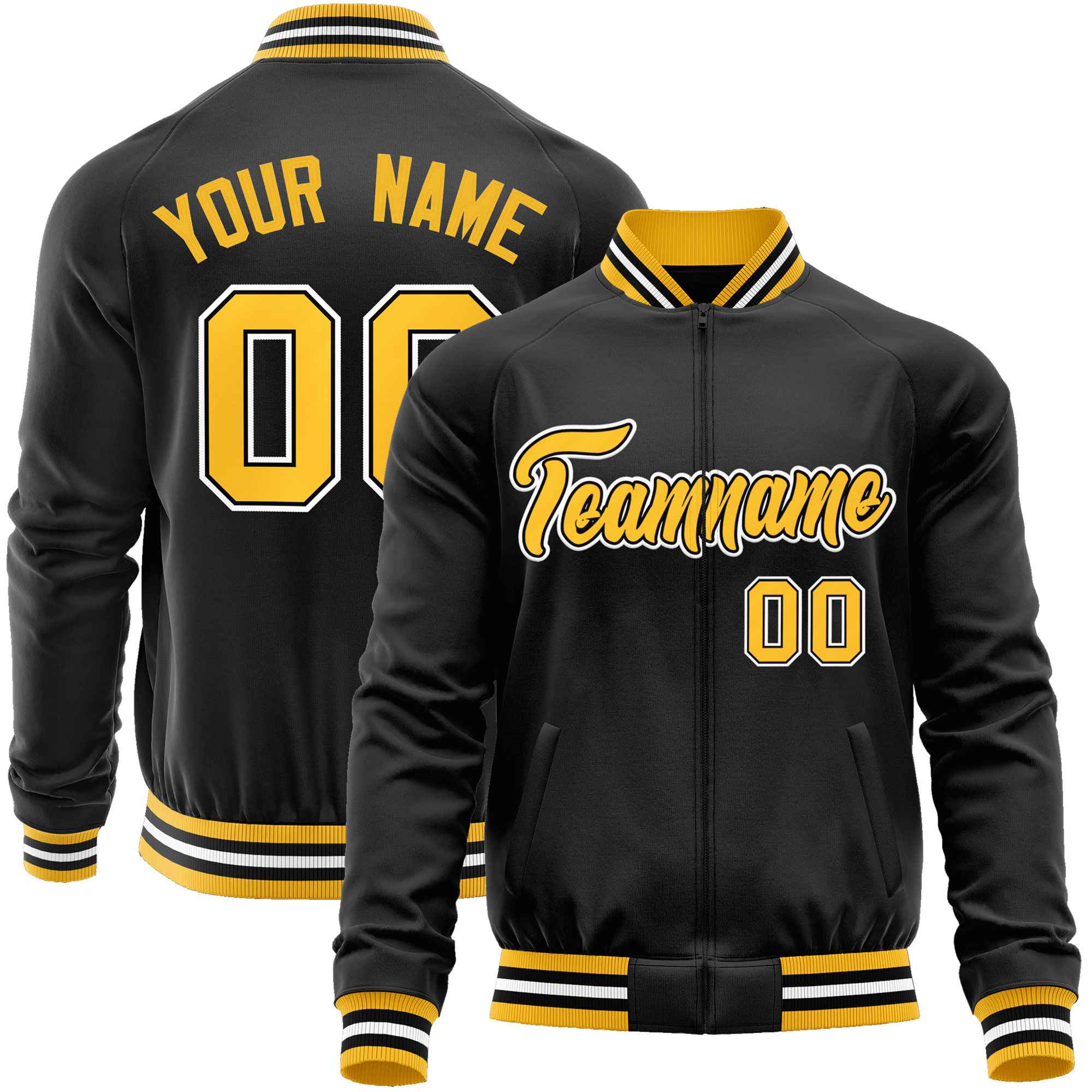 Custom Black Gold Classic Style Varsity Full-Zip Letterman Baseball Jacket