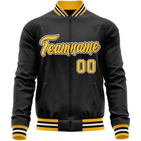 Custom Black Gold Classic Style Varsity Full-Zip Letterman Baseball Jacket