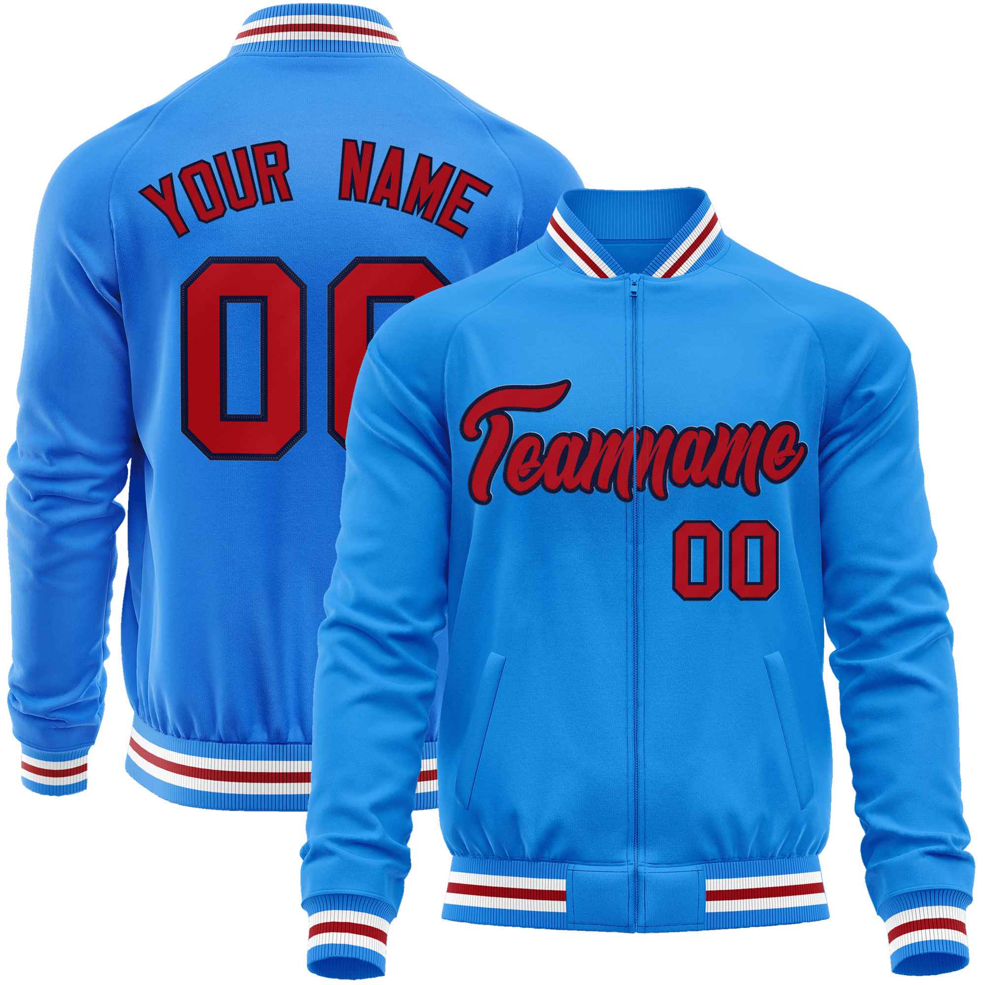 Custom Powder Blue Red Classic Style Varsity Full-Zip Letterman Baseball Jacket