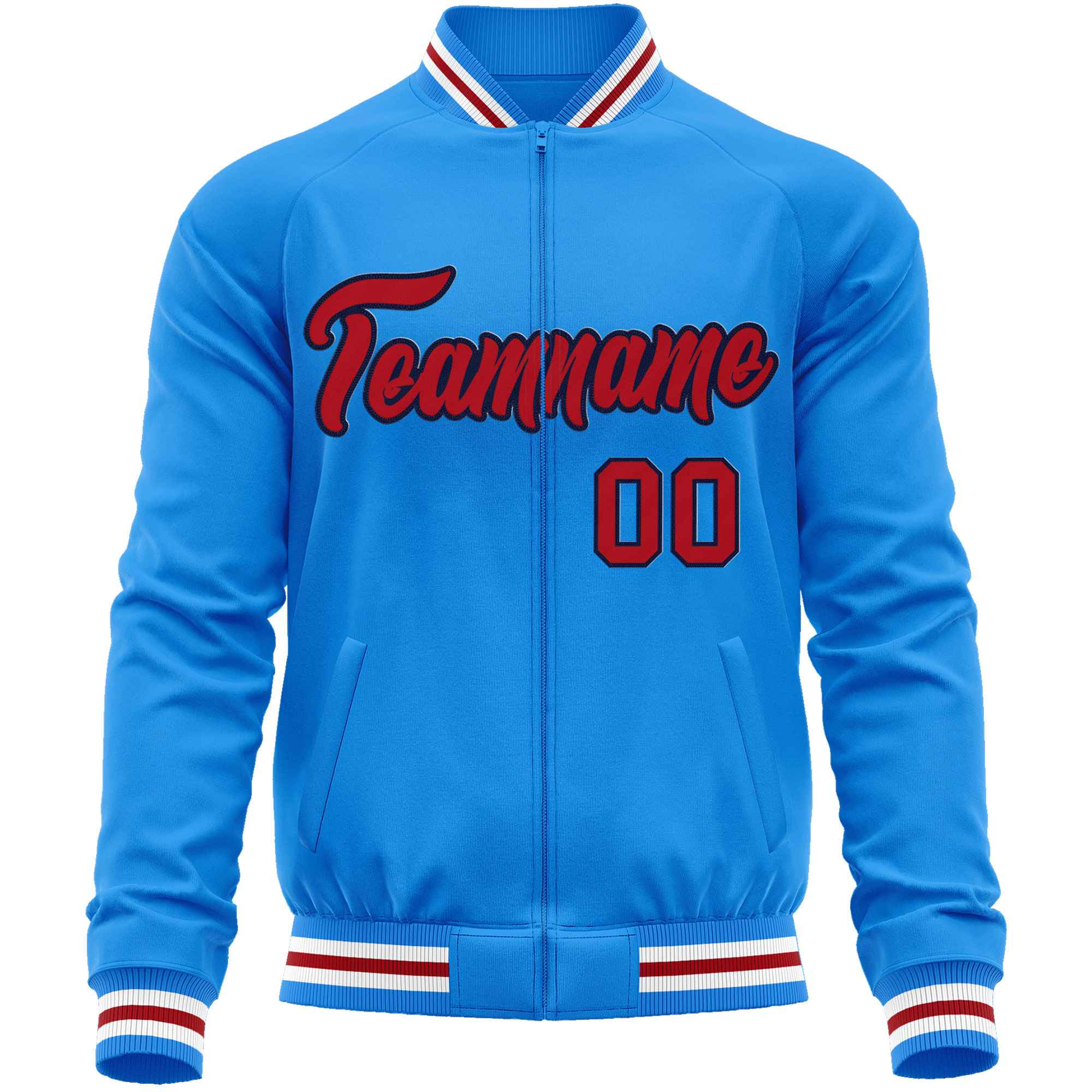 Custom Powder Blue Red Classic Style Varsity Full-Zip Letterman Baseball Jacket