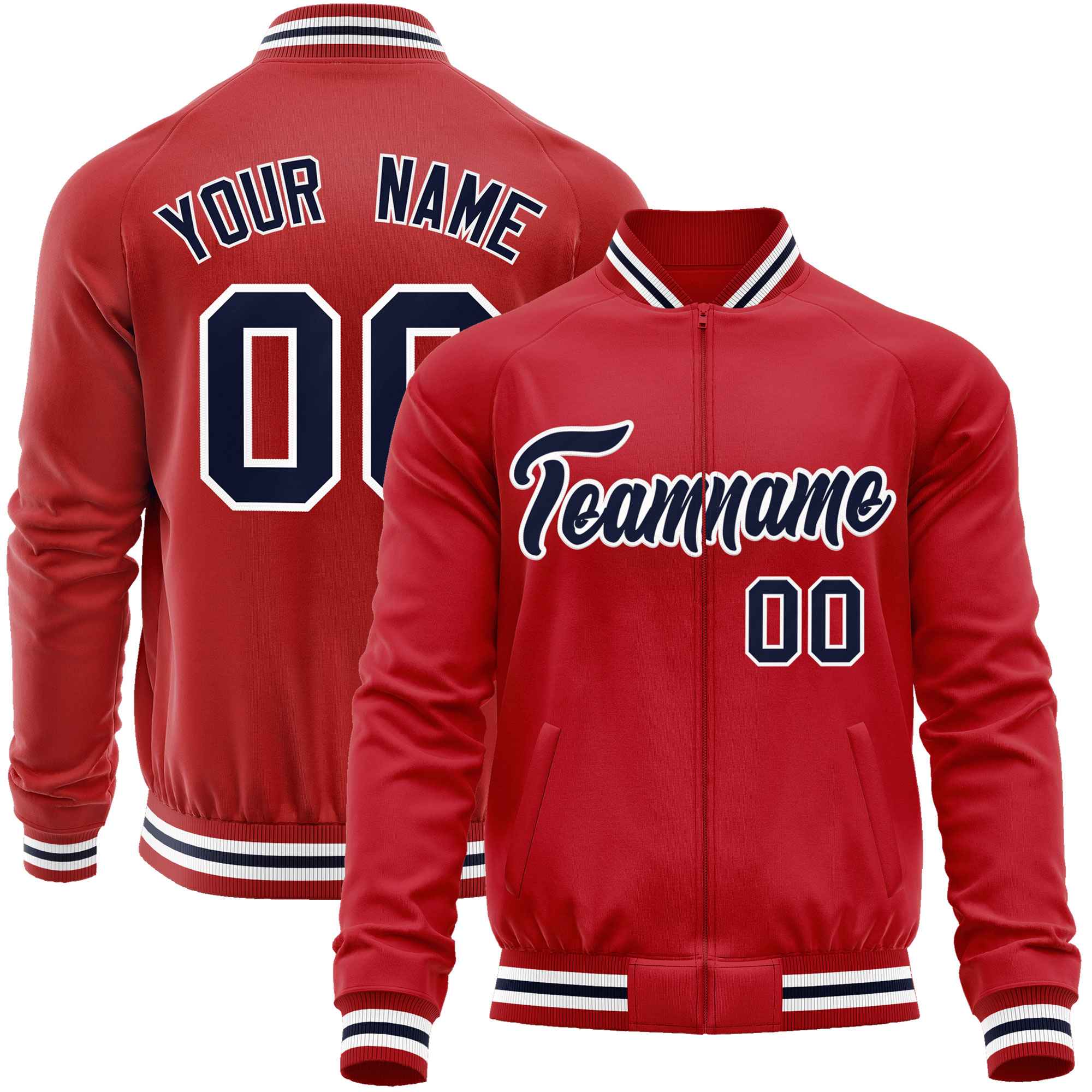 Custom Red Navy Classic Style Varsity Full-Zip Letterman Baseball Jacket