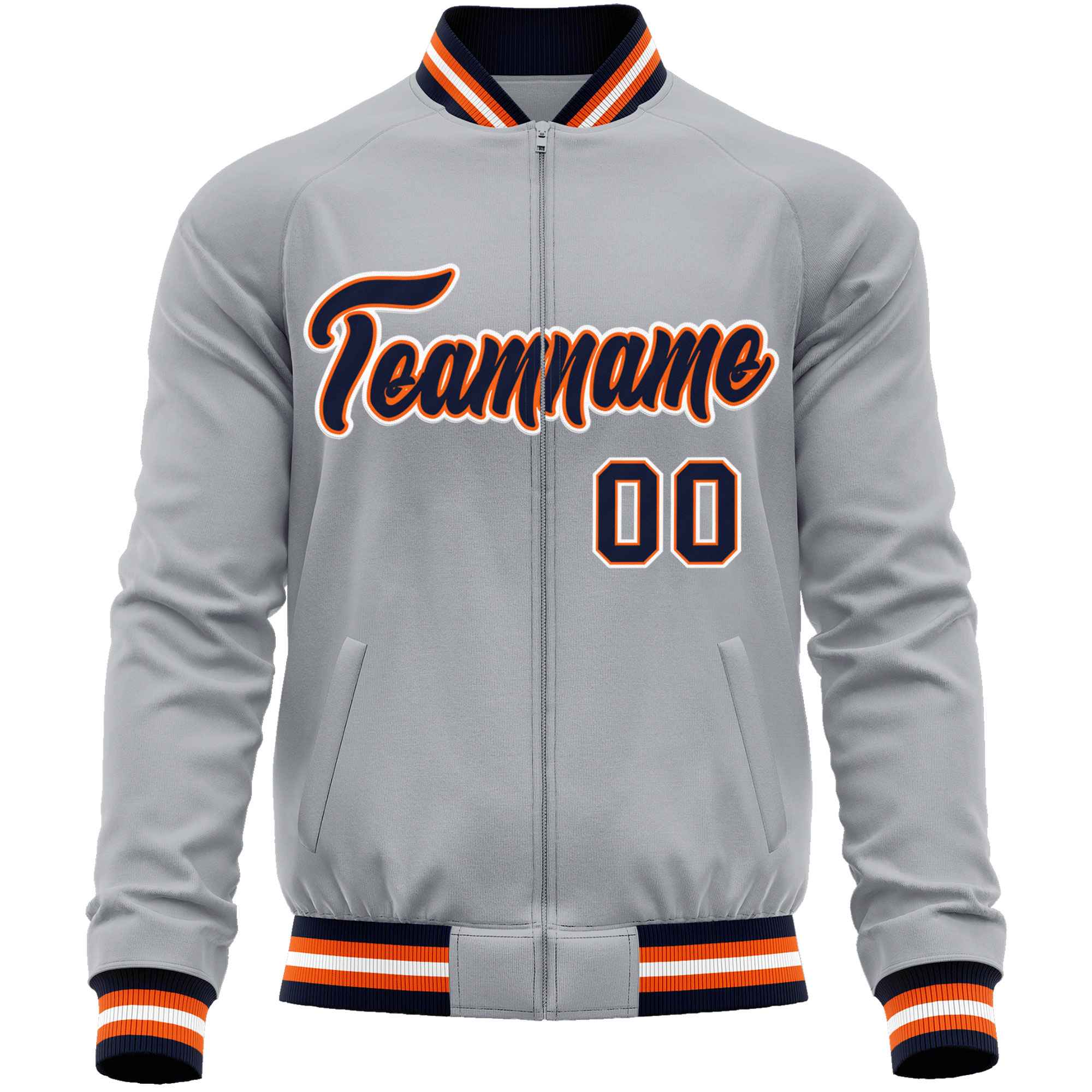 Custom Gray Navy Classic Style Varsity Full-Zip Letterman Baseball Jacket