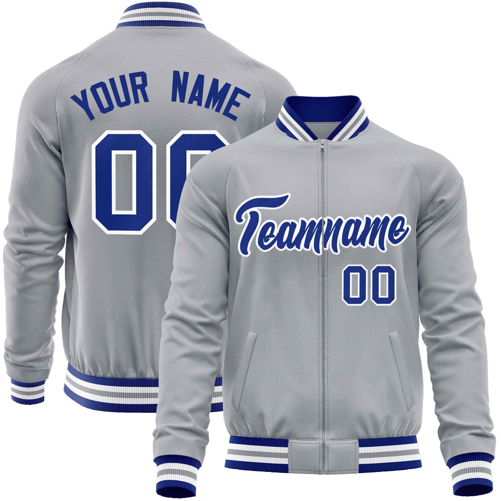 Custom Gray Royal Classic Style Varsity Full-Zip Letterman Baseball Jacket