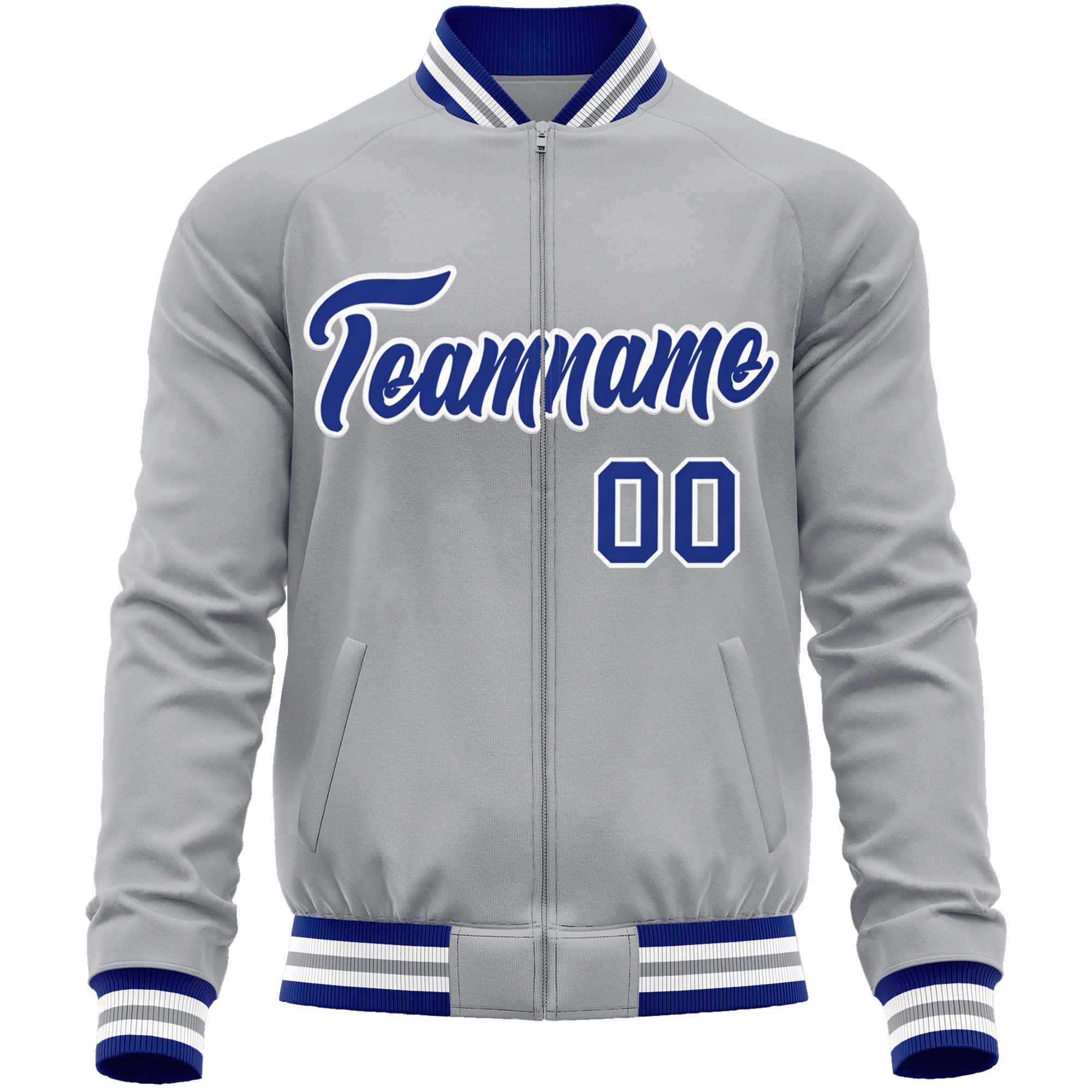 Custom Gray Royal Classic Style Varsity Full-Zip Letterman Baseball Jacket