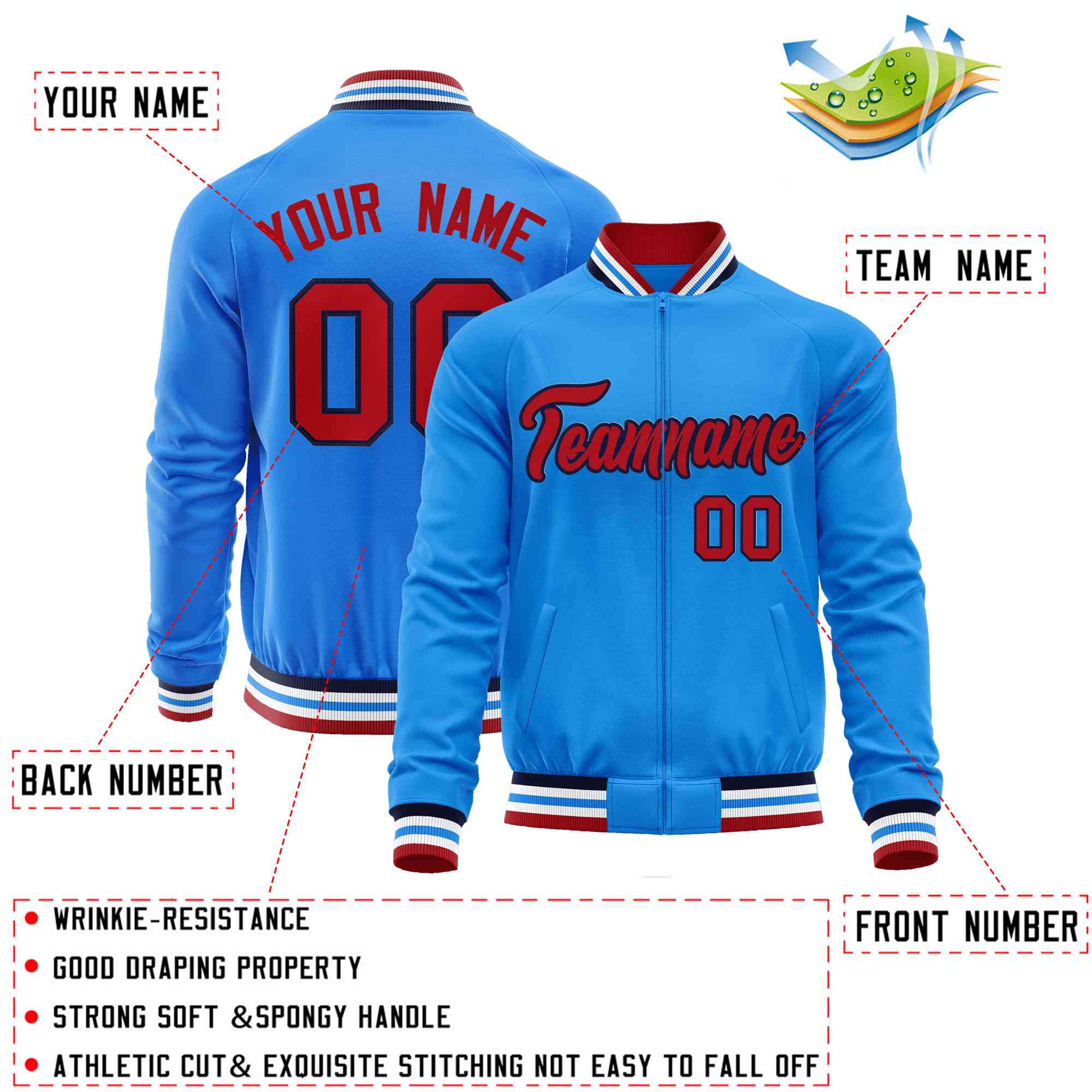 Custom Powder Blue Red Classic Style Varsity Full-Zip Letterman Baseball Jacket