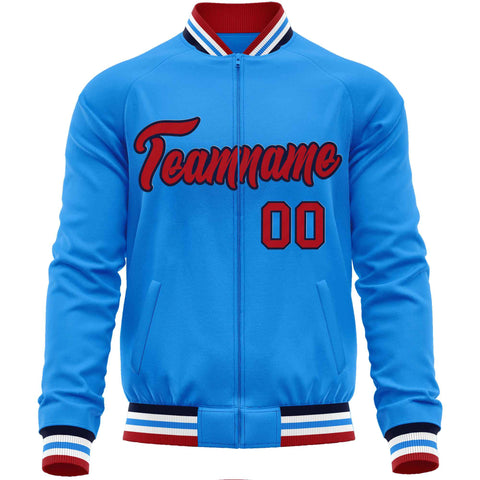 Custom Powder Blue Red Classic Style Varsity Full-Zip Letterman Baseball Jacket