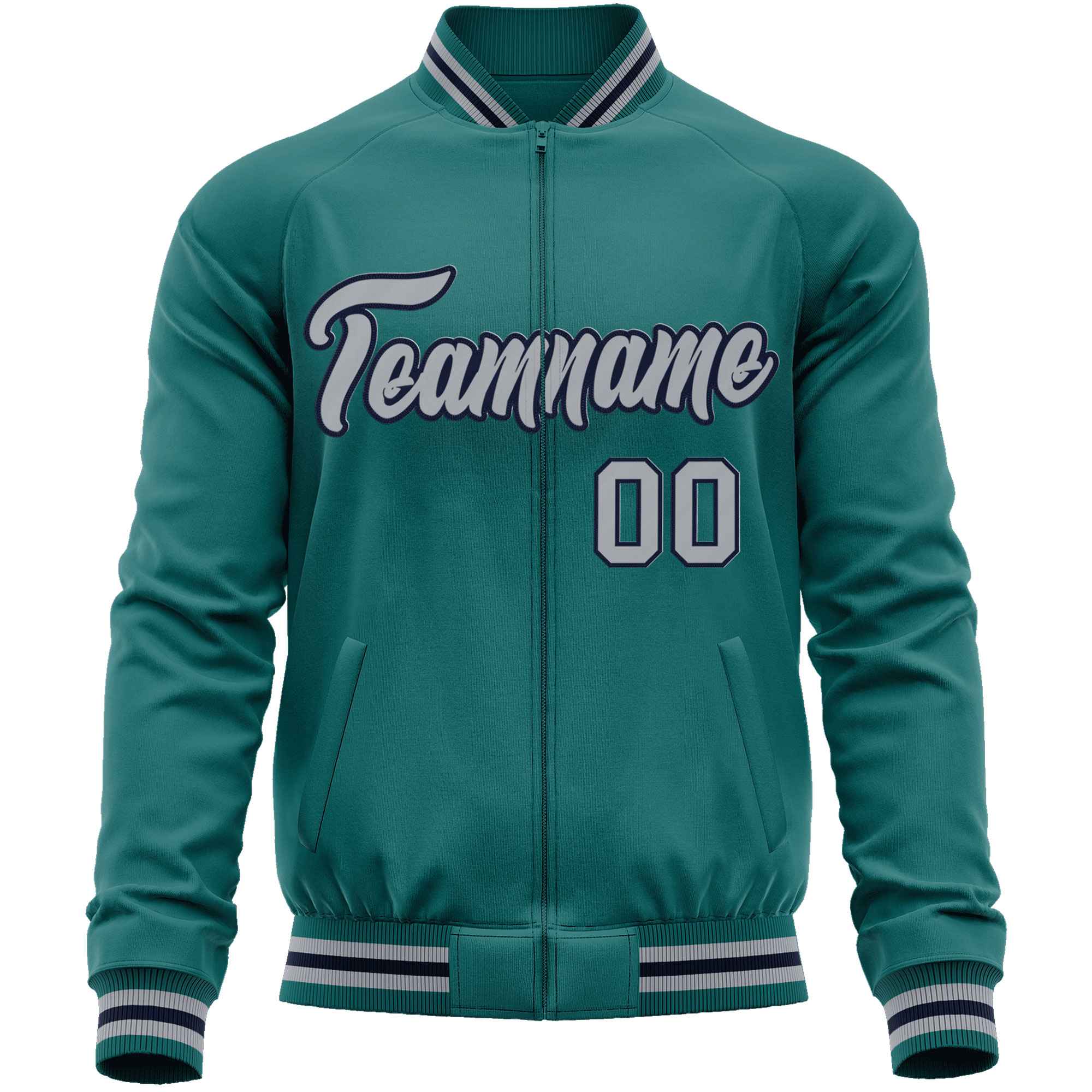 Custom Aqua Gray Classic Style Varsity Full-Zip Letterman Baseball Jacket