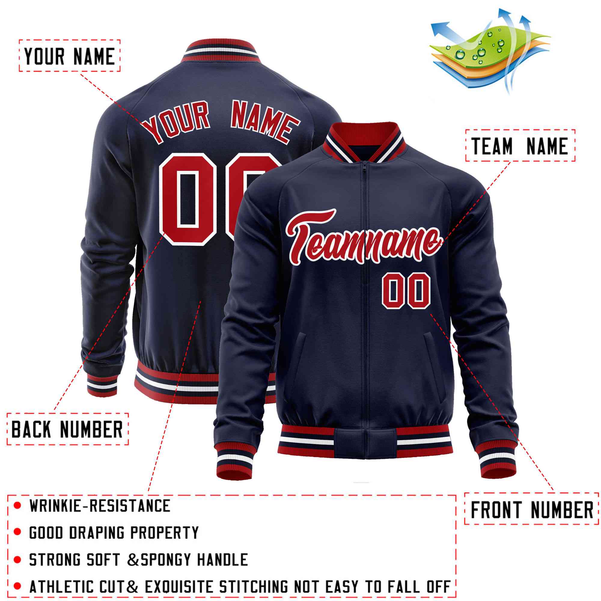 Custom Navy Red Classic Style Varsity Full-Zip Letterman Baseball Jacket