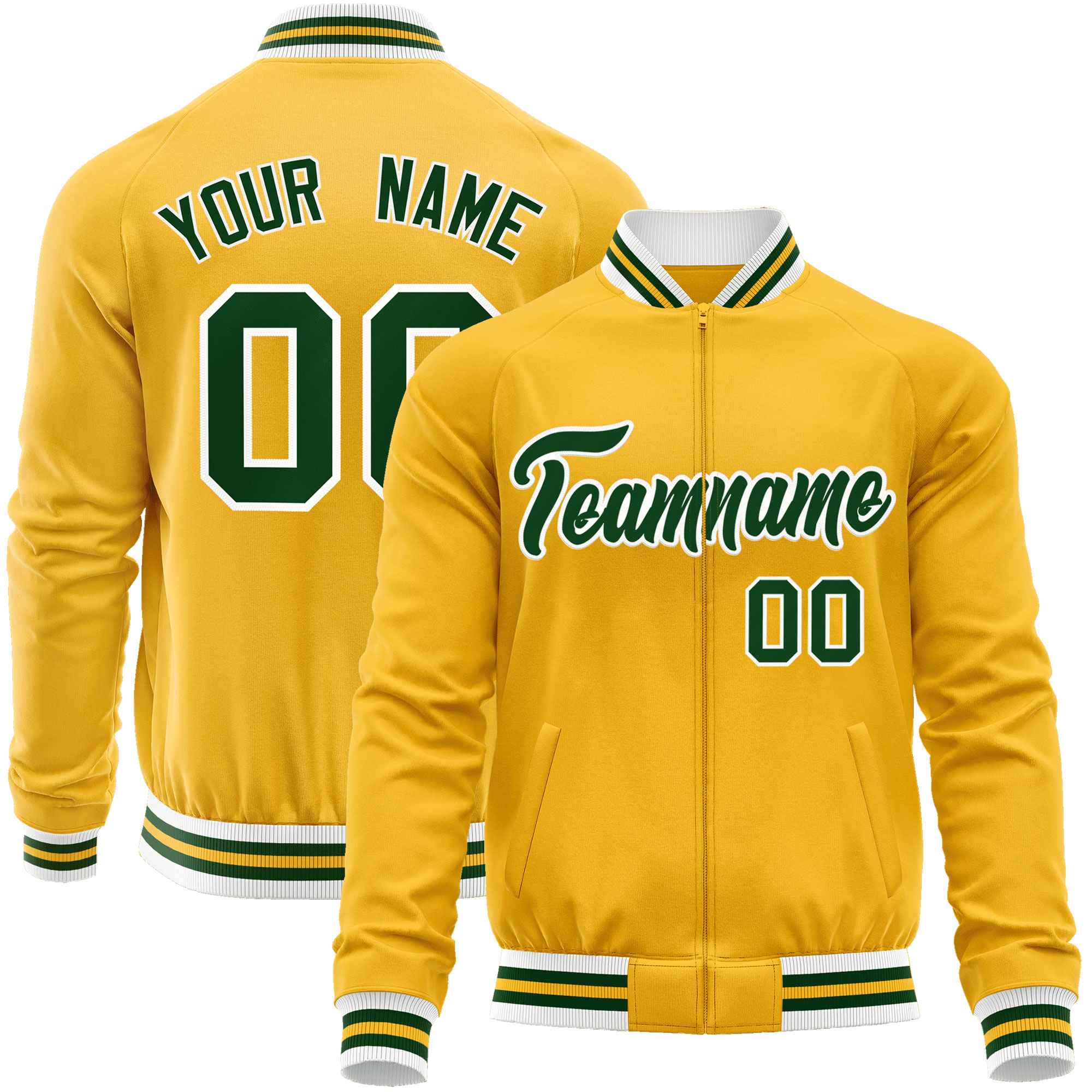 Custom Gold Green Classic Style Varsity Full-Zip Letterman Baseball Jacket