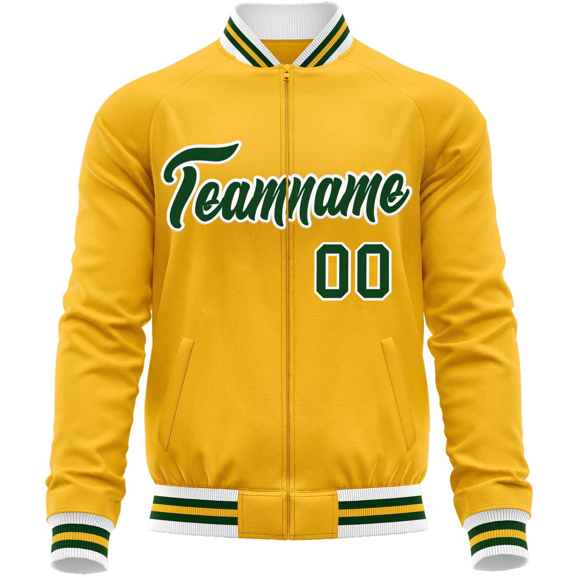 Custom Gold Green Classic Style Varsity Full-Zip Letterman Baseball Jacket