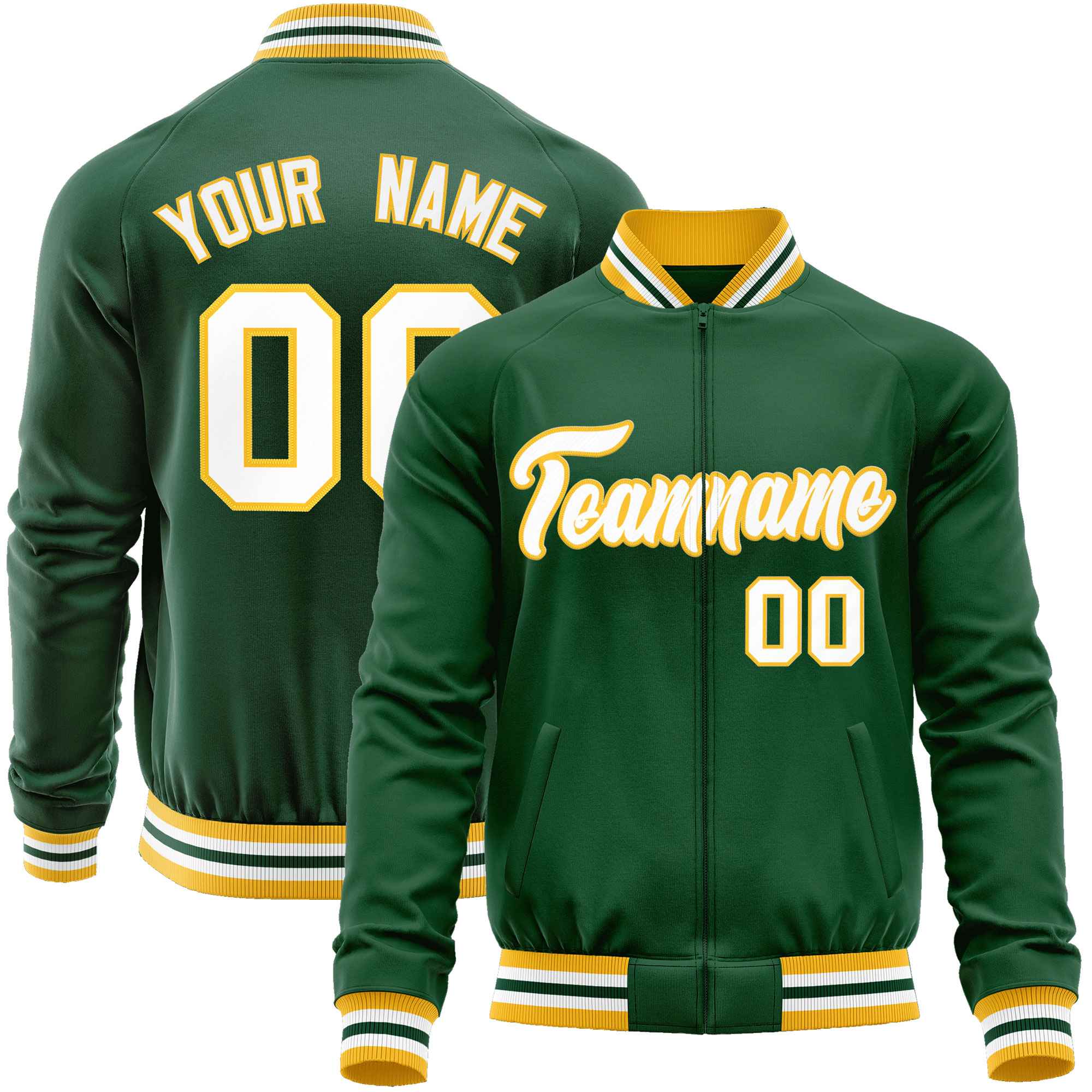 Custom Green White Classic Style Varsity Full-Zip Letterman Baseball Jacket