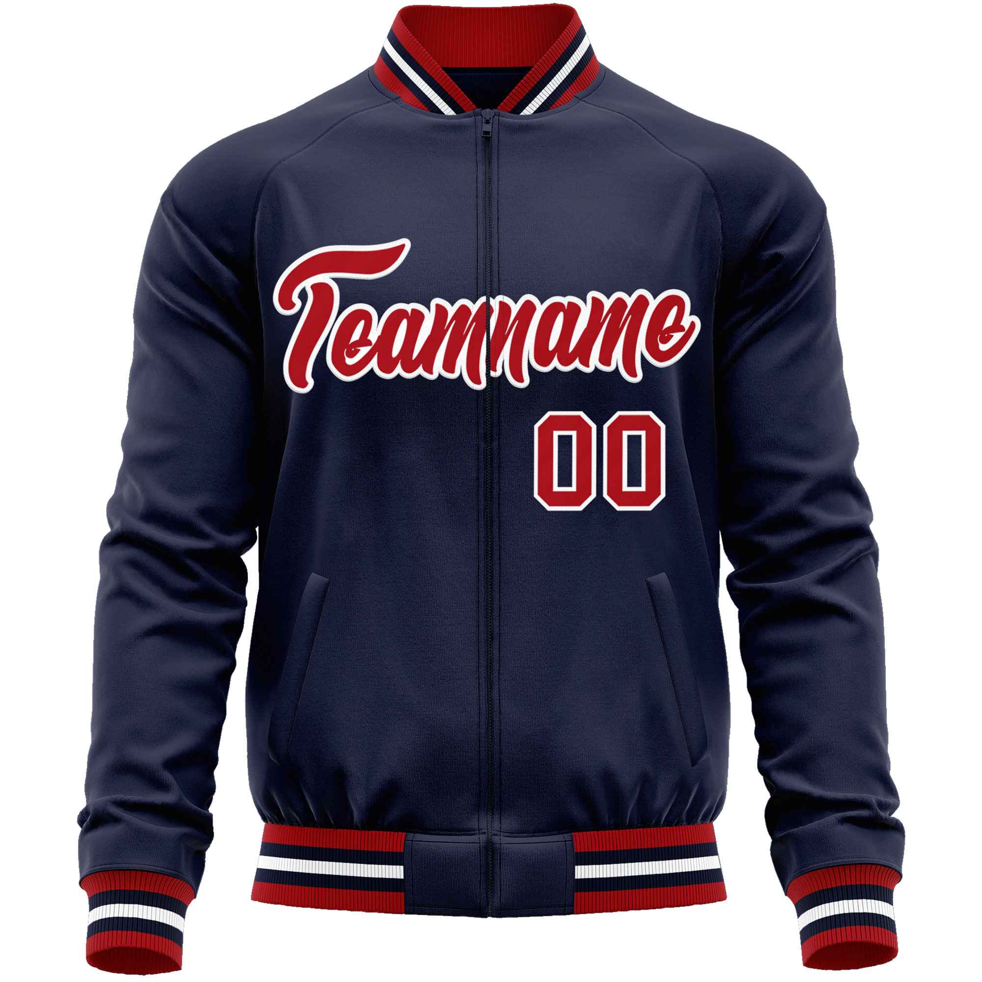 Custom Navy Red Classic Style Varsity Full-Zip Letterman Baseball Jacket