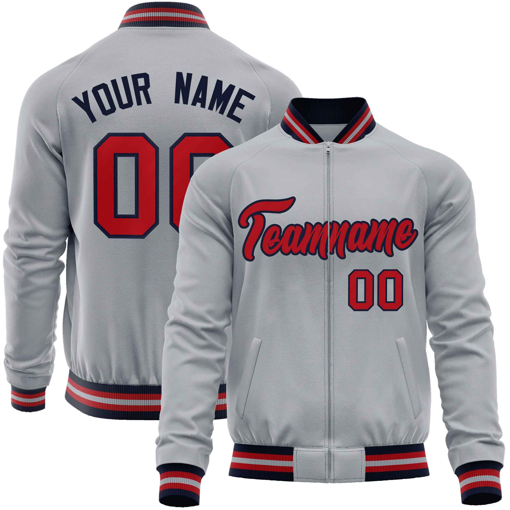 Custom Gray Red Classic Style Varsity Full-Zip Letterman Baseball Jacket