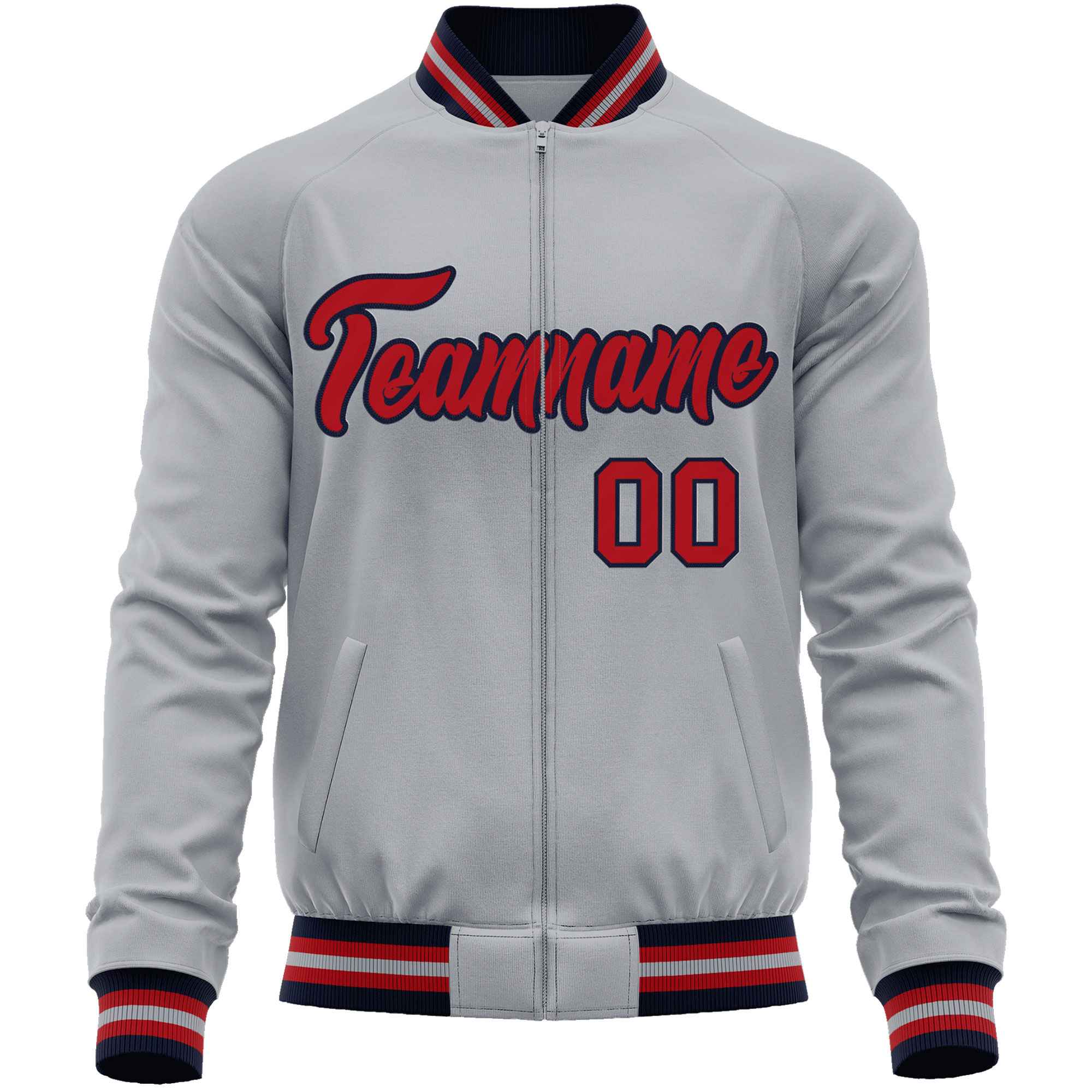 Custom Gray Red Classic Style Varsity Full-Zip Letterman Baseball Jacket