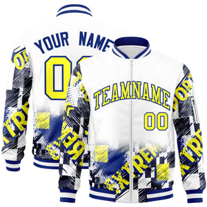 Custom White Gold-Royal Varsity Full-Zip Street Graffiti Pattern Letterman Jacket