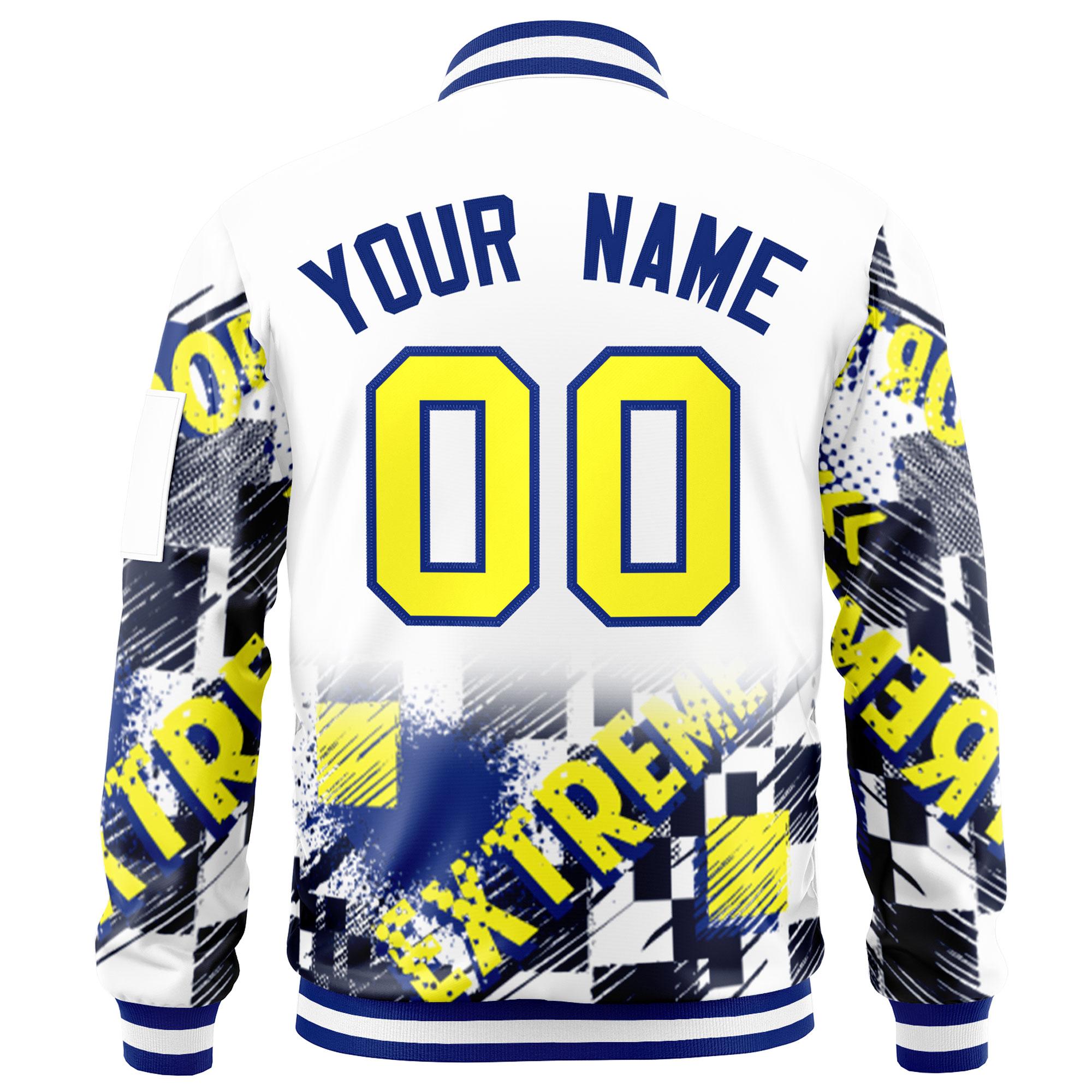 Custom White Gold-Royal Varsity Full-Zip Street Graffiti Pattern Letterman Jacket