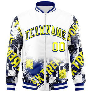 Custom White Gold-Royal Varsity Full-Zip Street Graffiti Pattern Letterman Jacket