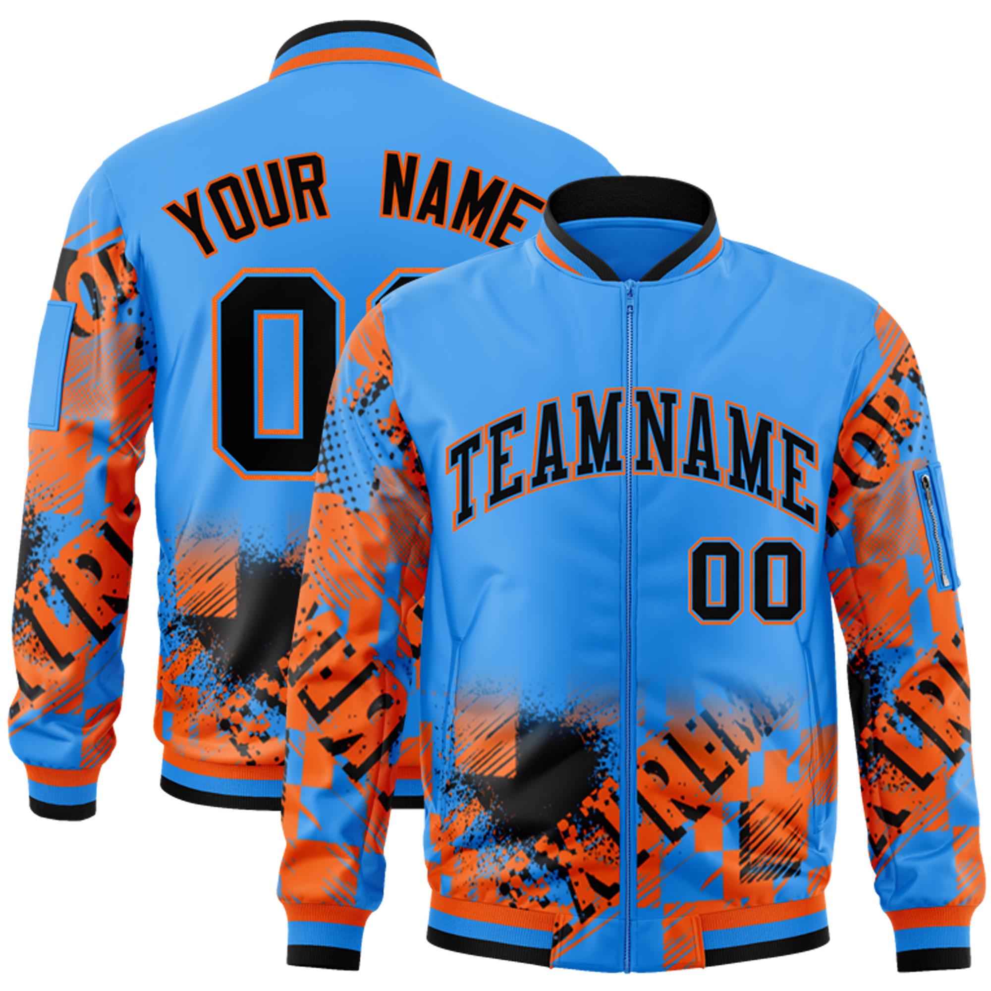 Custom Powder Blue Black-Orange Varsity Full-Zip Street Graffiti Pattern Letterman Jacket