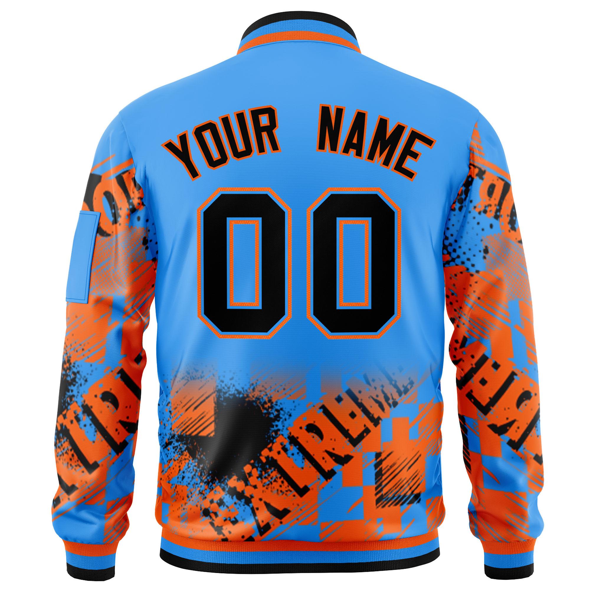 Custom Powder Blue Black-Orange Varsity Full-Zip Street Graffiti Pattern Letterman Jacket