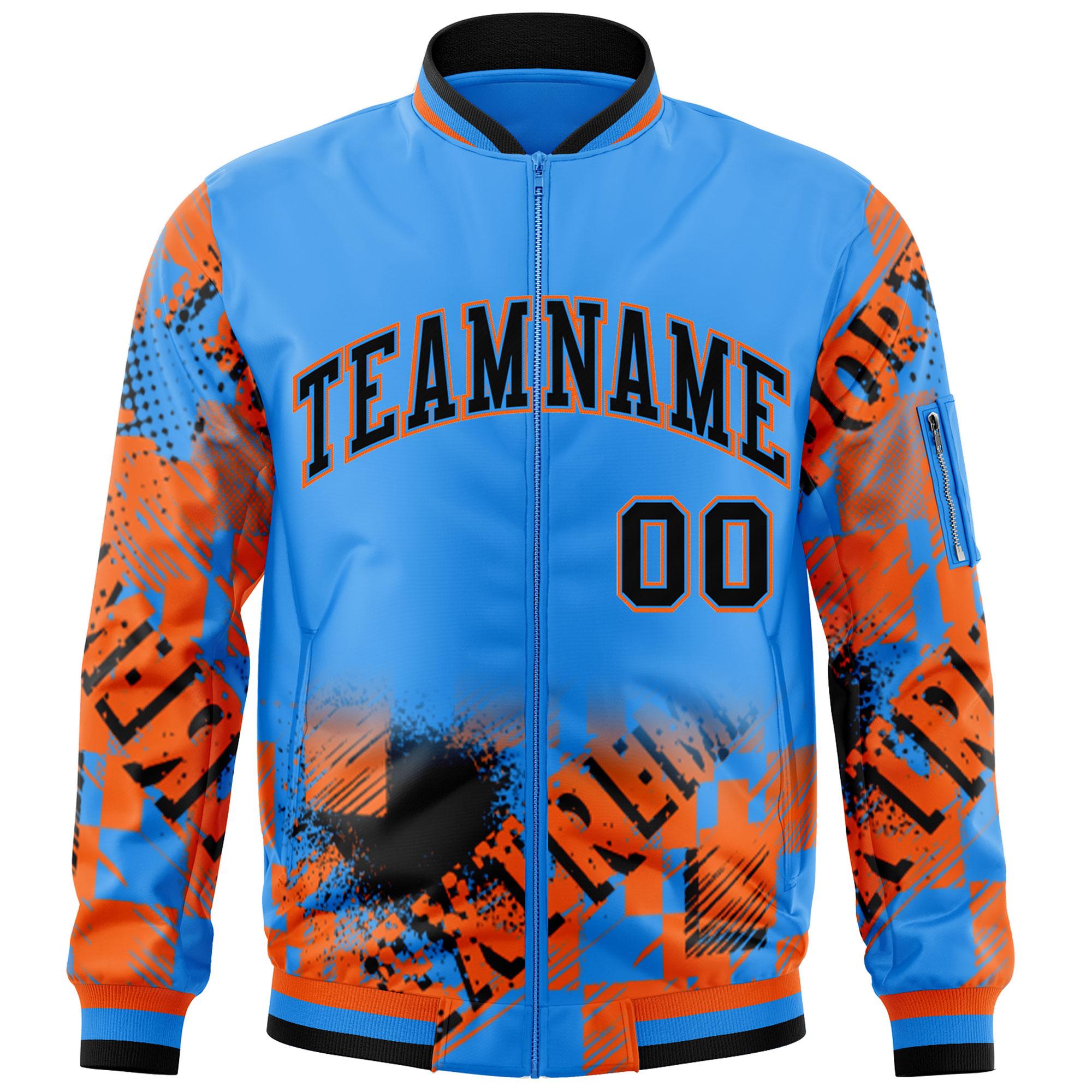 Custom Powder Blue Black-Orange Varsity Full-Zip Street Graffiti Pattern Letterman Jacket