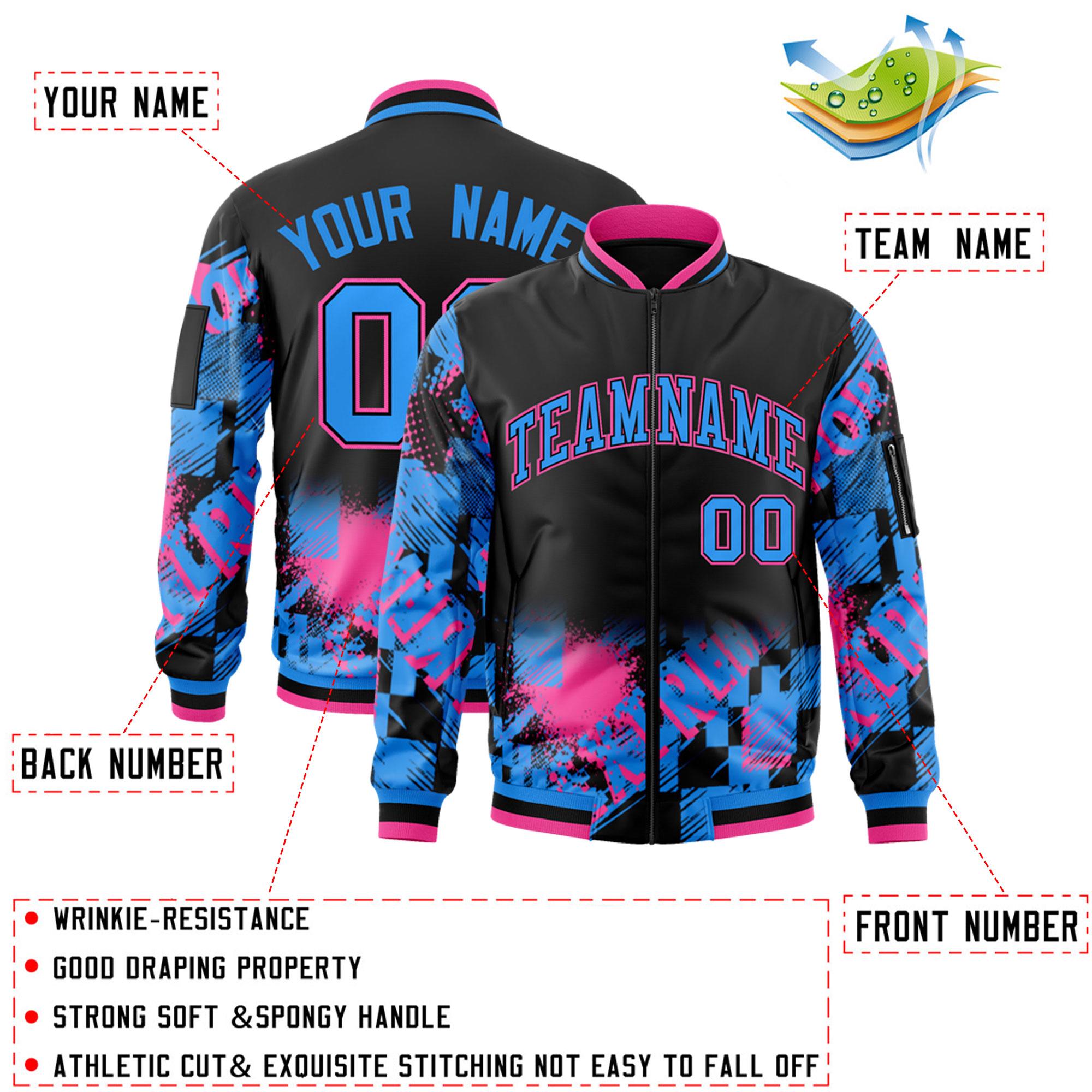 Custom Black Powder Blue-Pink Varsity Full-Zip Street Graffiti Pattern Letterman Jacket